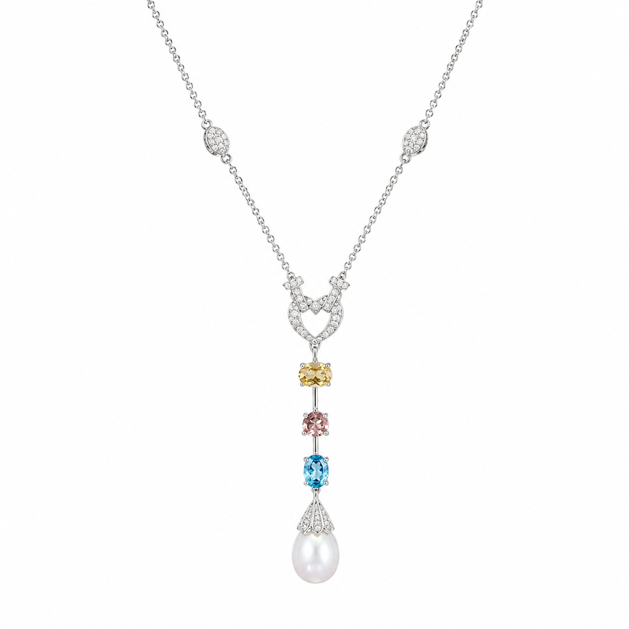 Multi shape gem stone pearl drop necklace