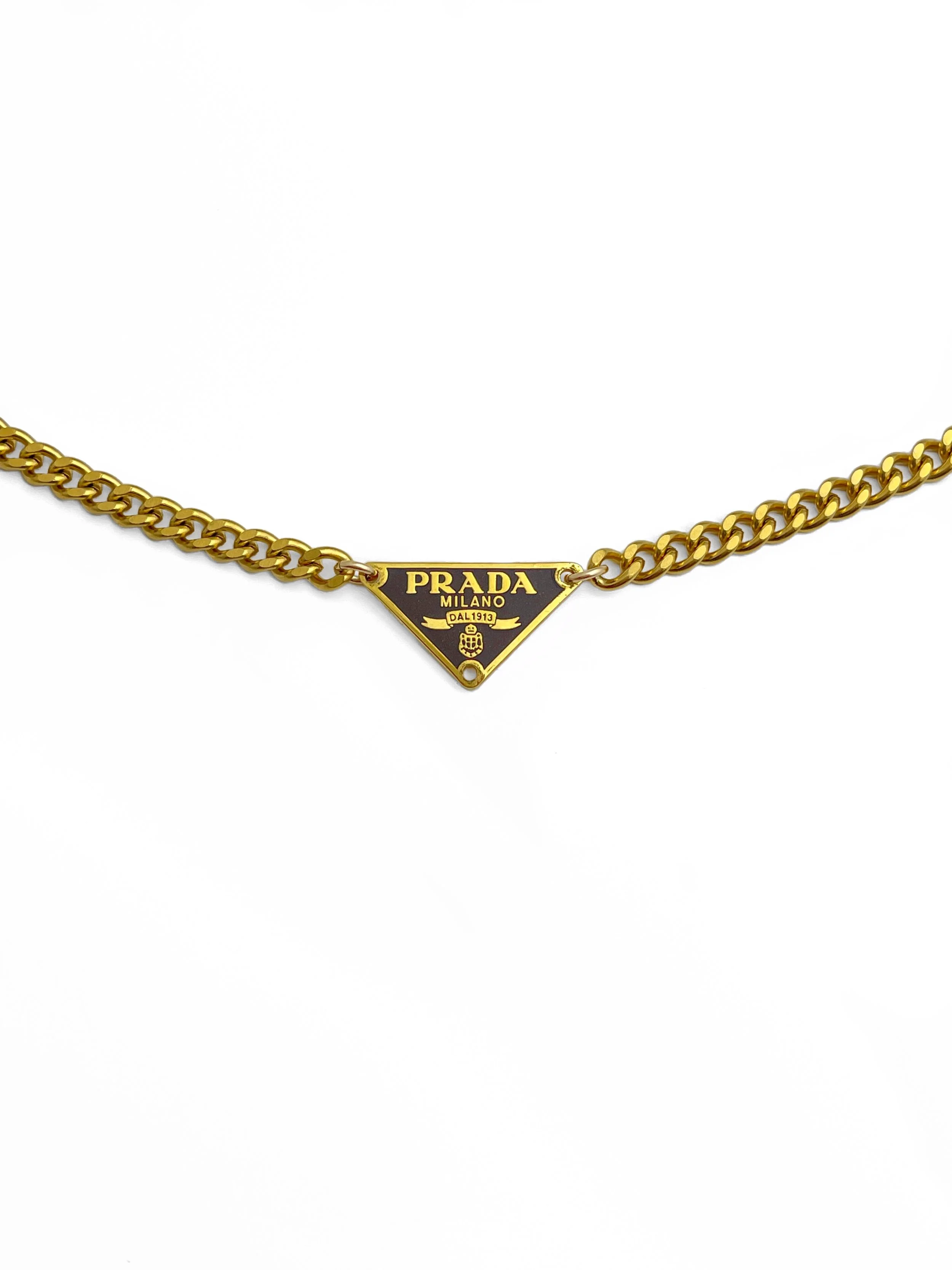 Authentic Prada Vintage Small Mocha Triangle Logo Chunky Necklace
