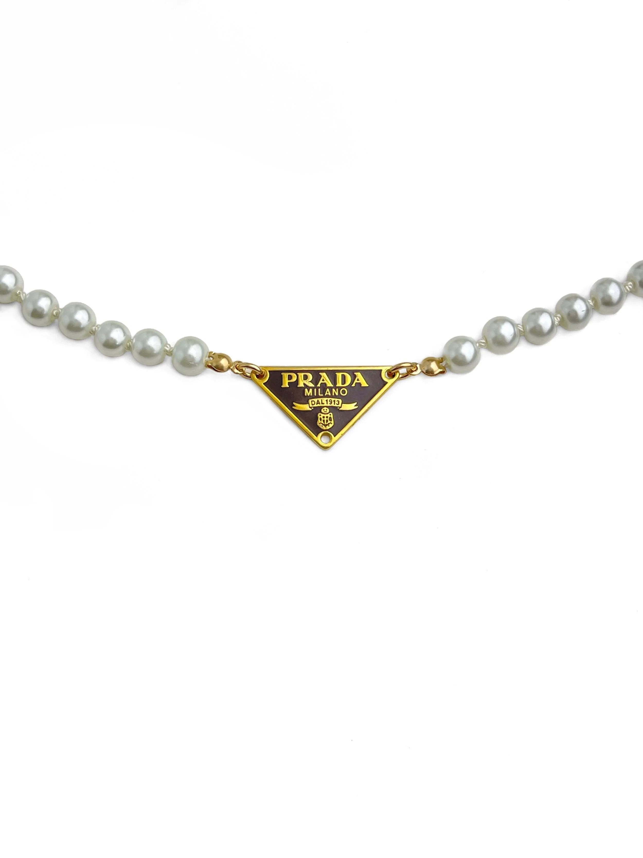 Authentic Prada Small Mocha Triangle Logo Pearl Necklace