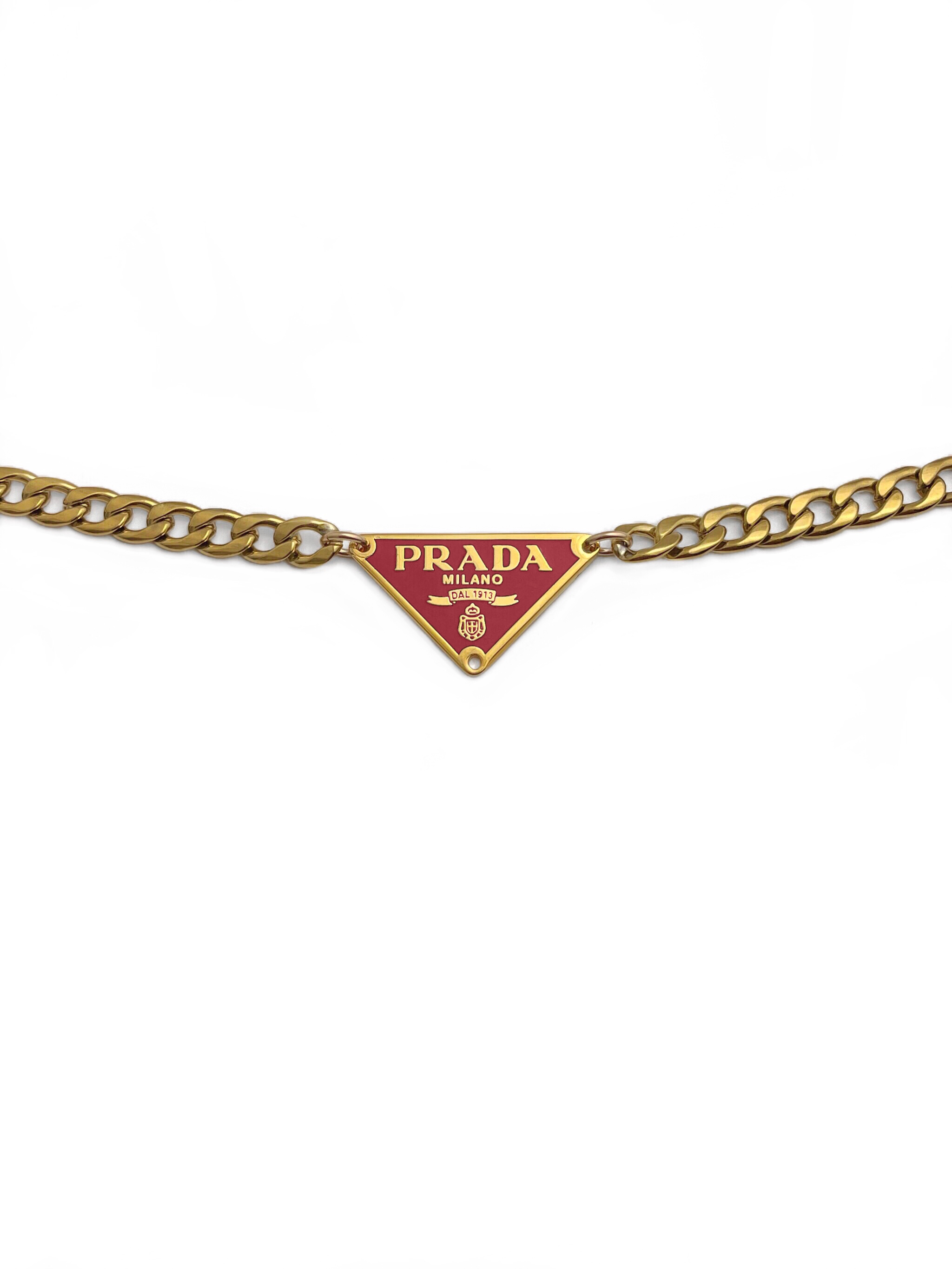 Authentic Prada Repurposed Fuchsia Gold Triangle Chunky Necklace