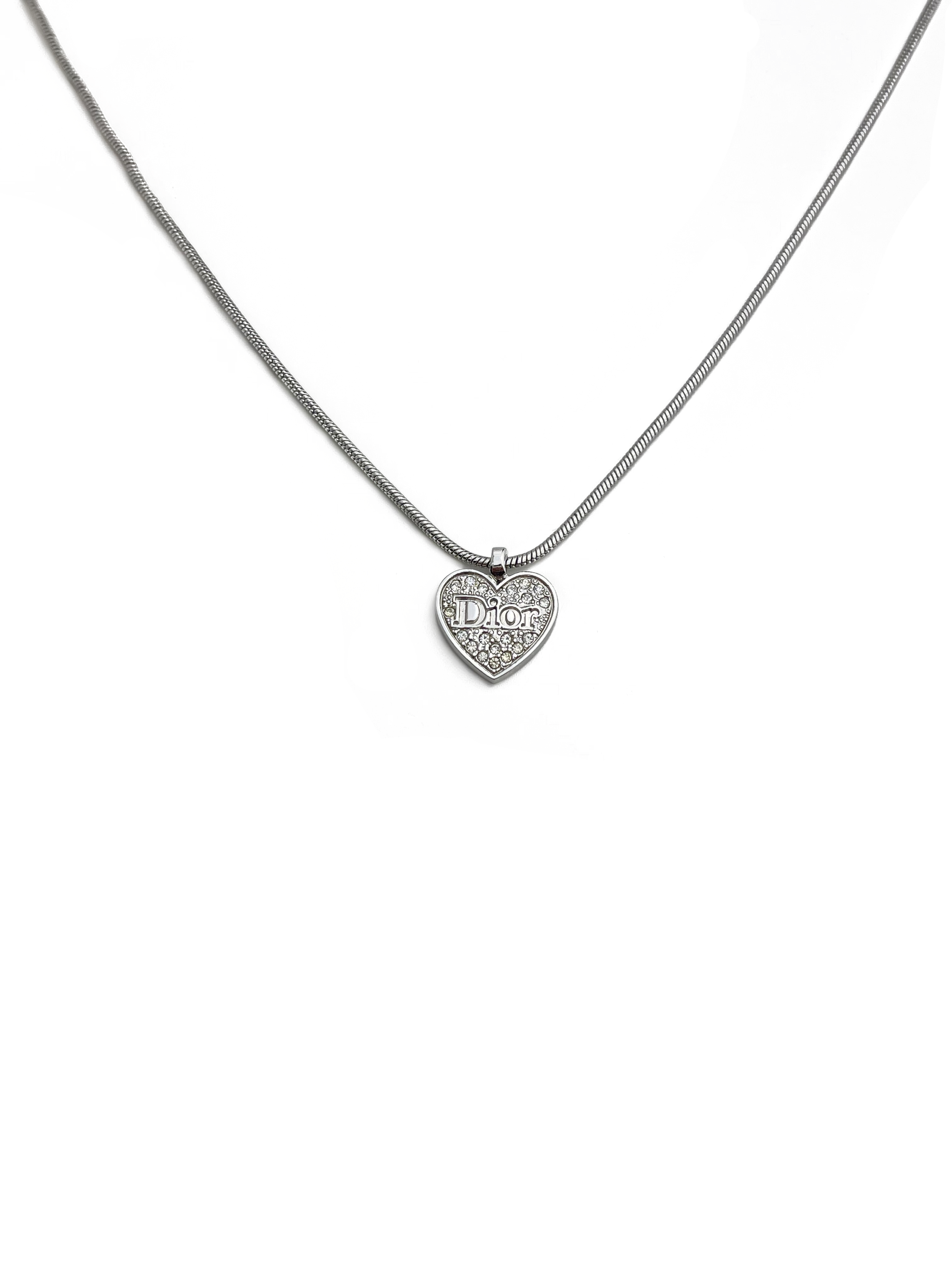 Authentic Vintage Dior Silver Crystal Heart Necklace