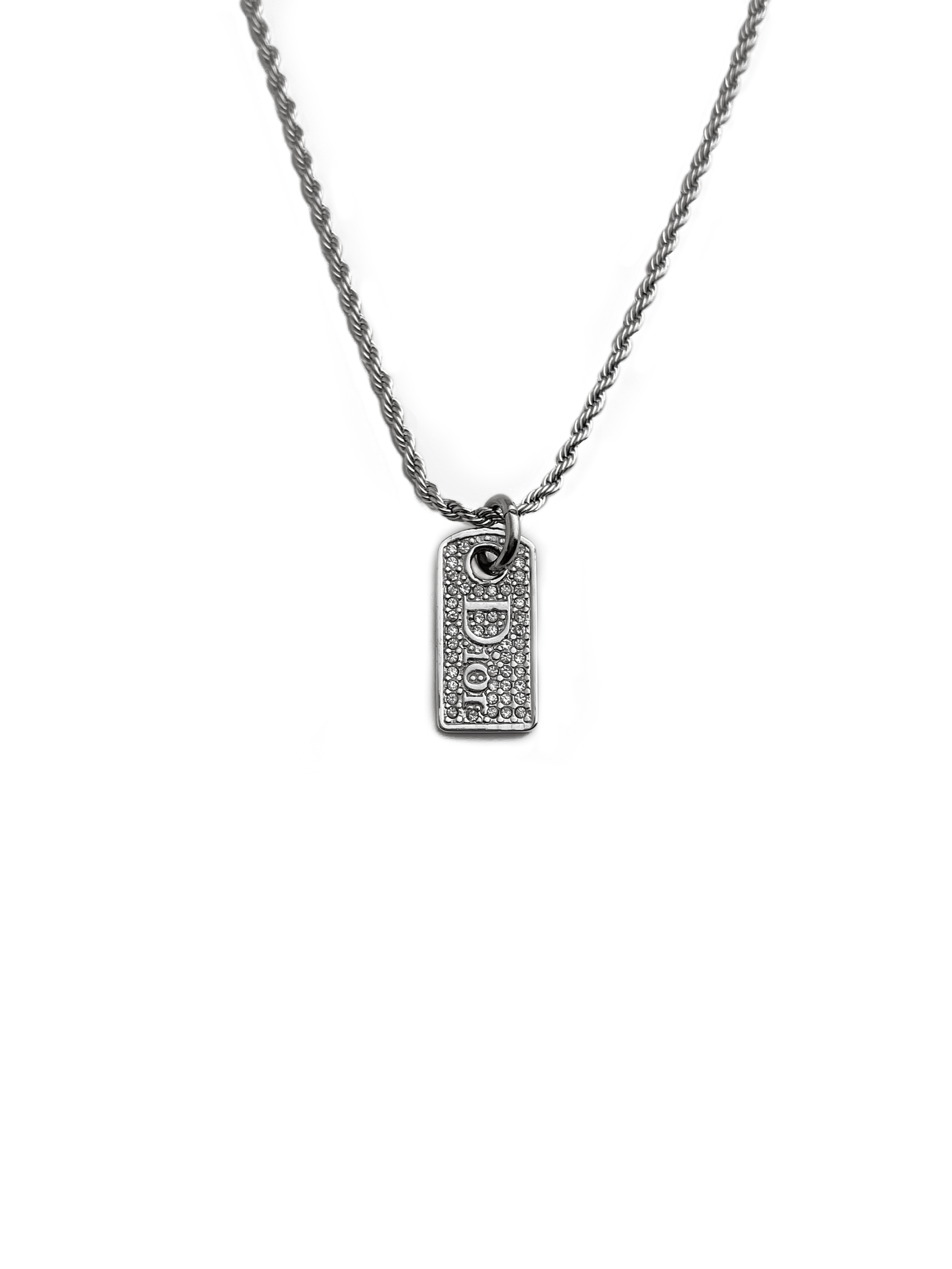 Authentic Dior Repurposed Silver Crystal Tag Necklace — LUXE Reworked