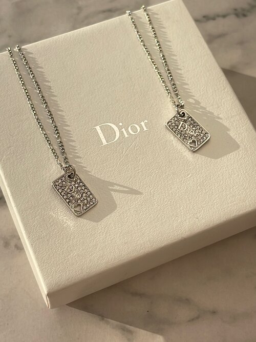 Dior Rhinestone Dog Tag Necklace Crystal Chain