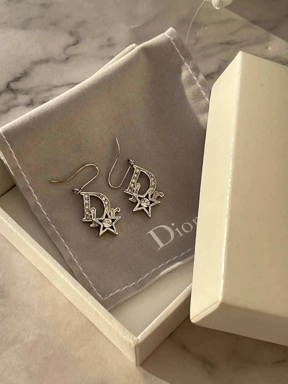Authentic Vintage Dior Silver Crystal Star Logo Earrings