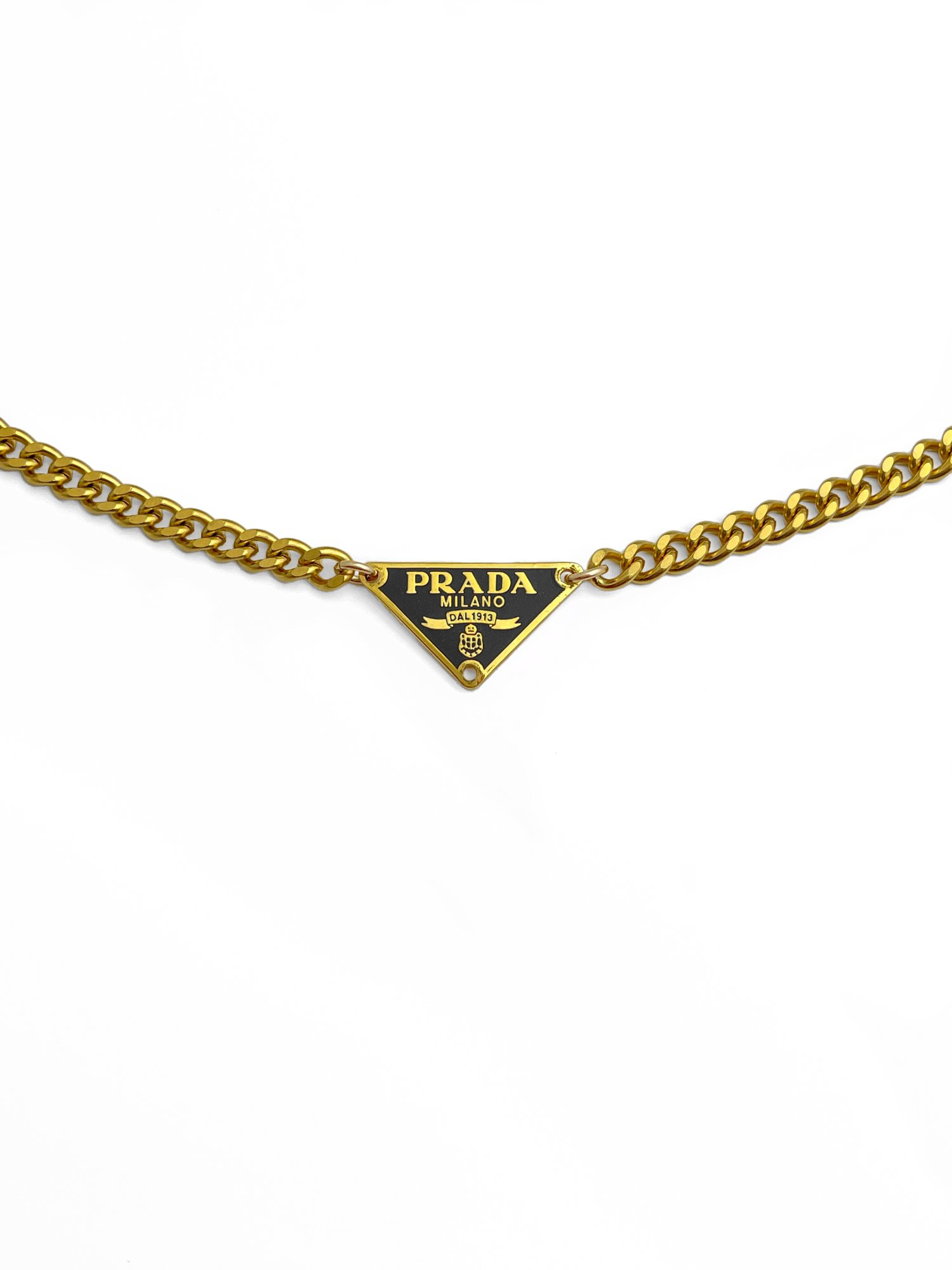 Authentic Prada Repurposed Small Black Gold Triangle Logo Chunky Necklace