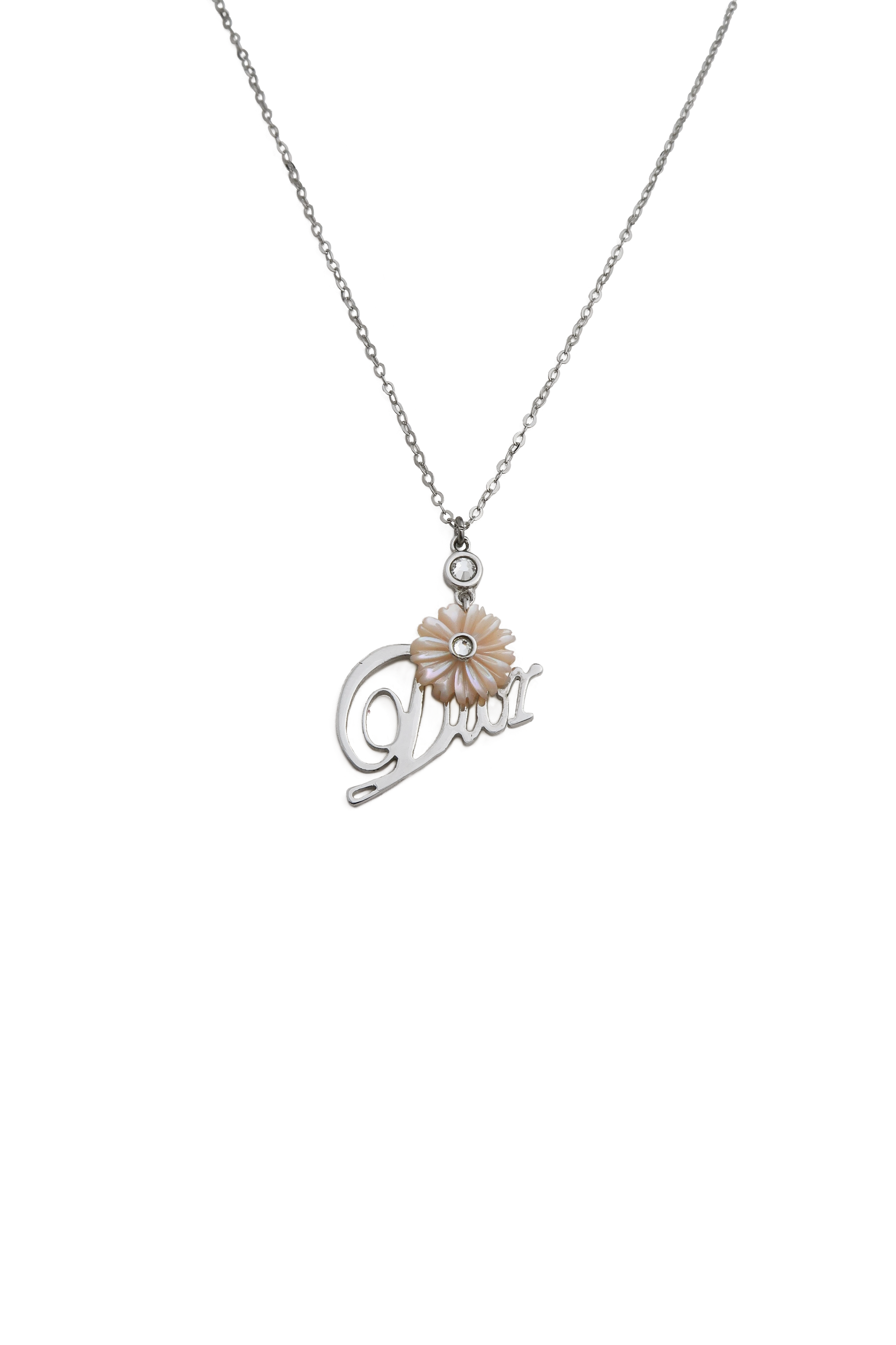 Authentic Dior Repurposed Silver Pink Flower Spellout Necklace