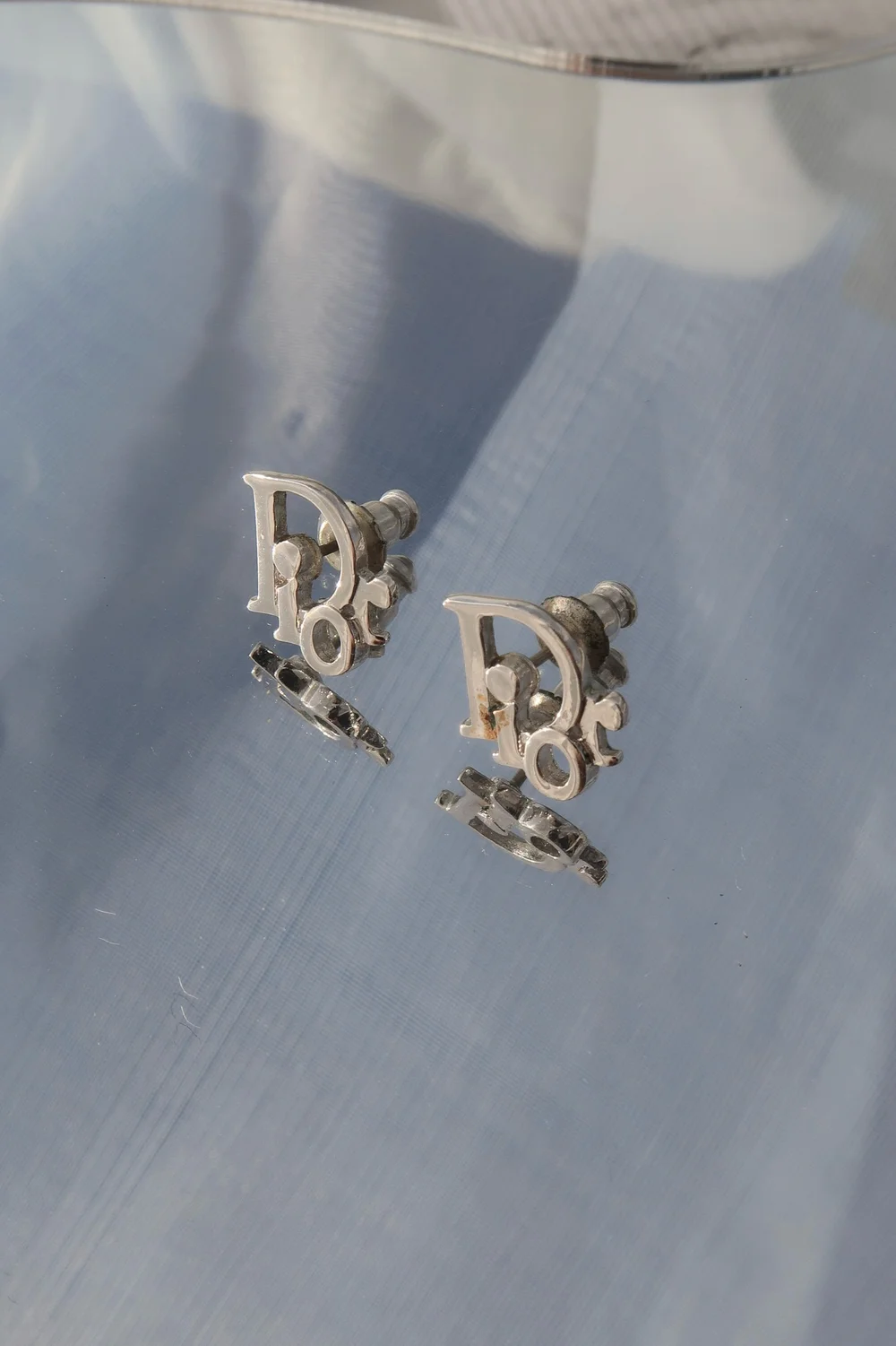 Authentic Vintage Dior Silver Oblique Logo Stud Earrings