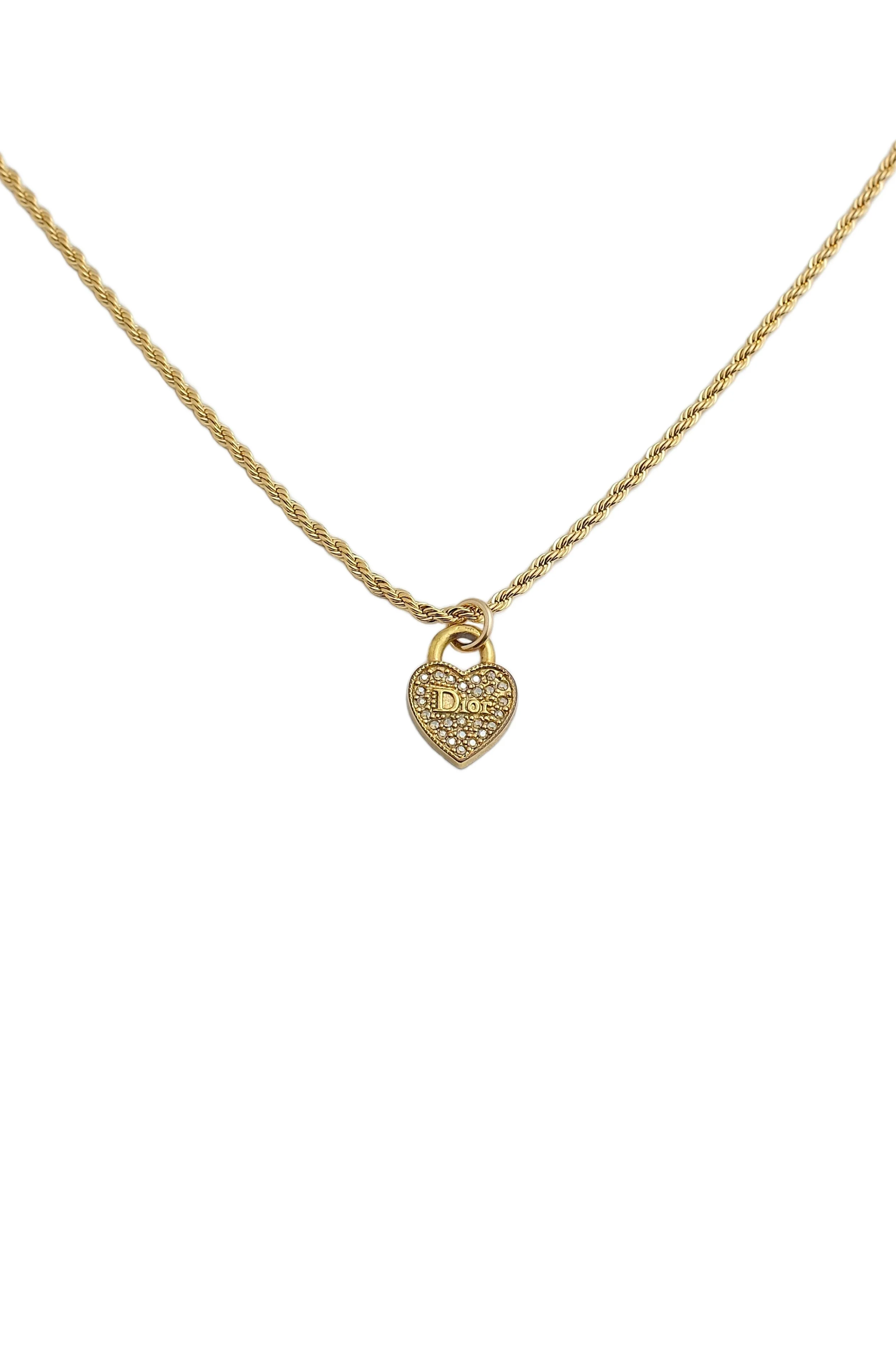 Authentic Dior Vintage Mini Gold Crystal Heart Lock Necklace