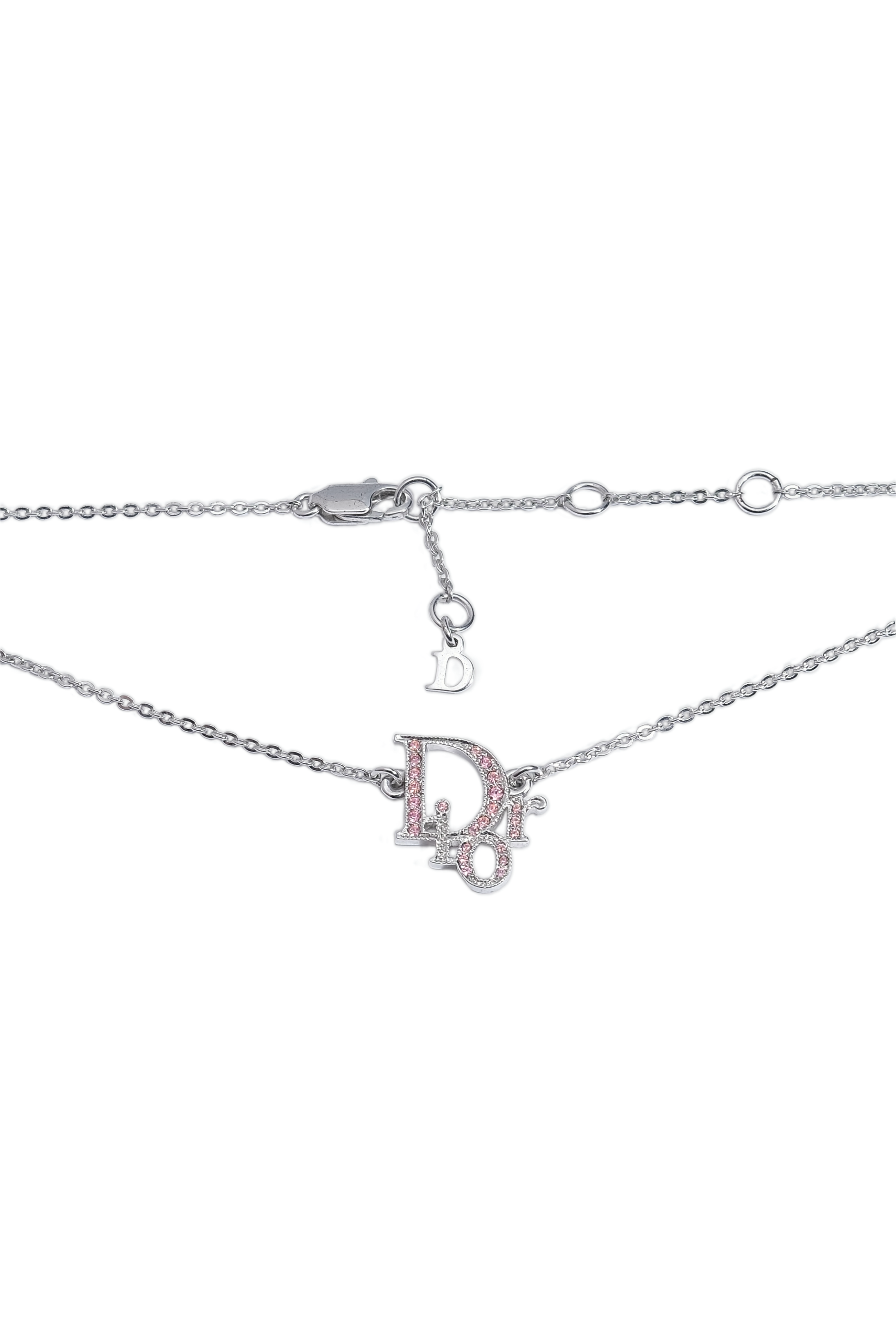 Authentic Vintage Dior Pink Crystal Logo Necklace