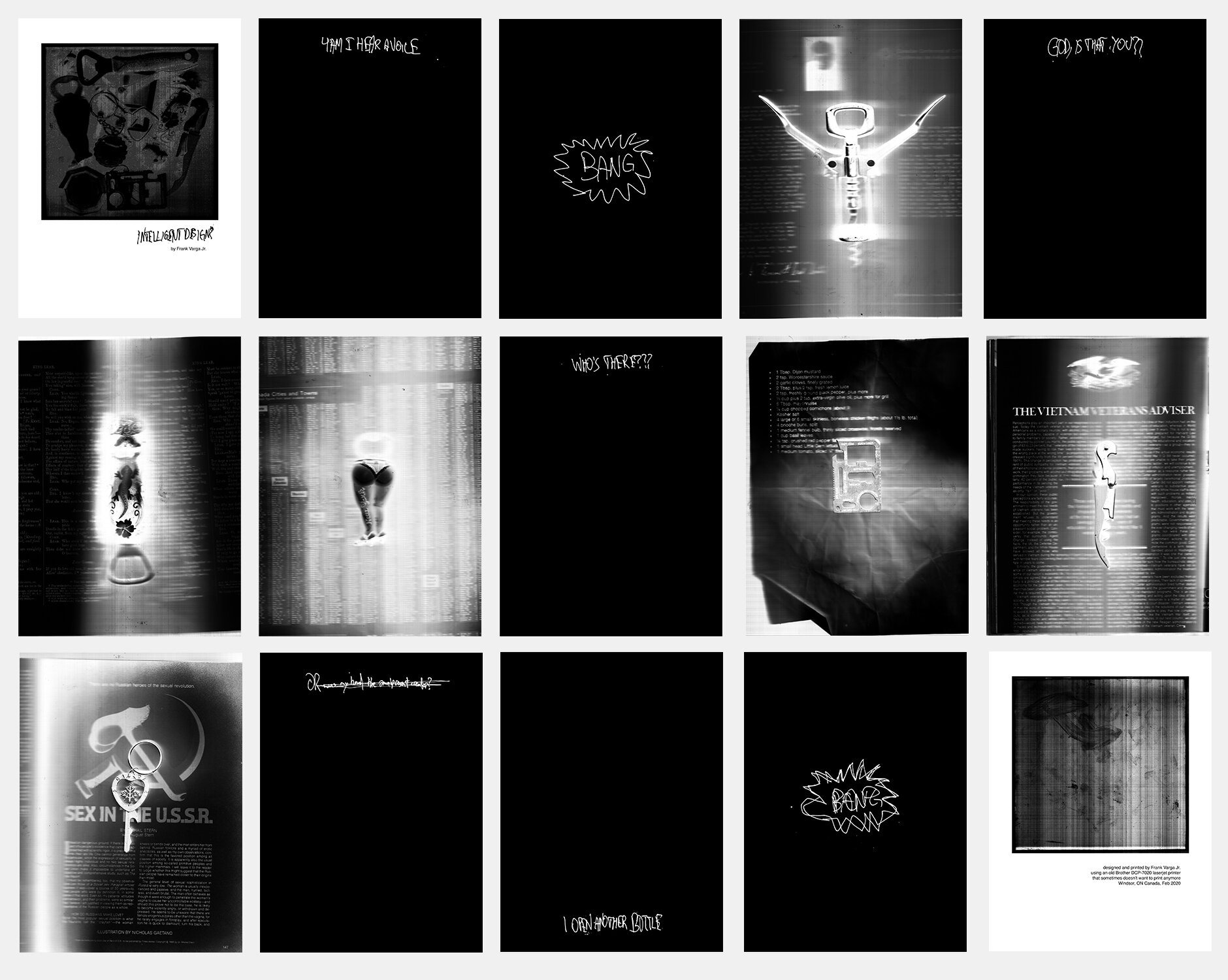 FRANK VARGA JR., 4TH YEAR, INTELLIGENT DESIGN, FOLIO OF PRINTS WITH TITLE AND COLOPHON PAGES, 11” X 8.5”, 2021 - A series of scanned images contemplating a late night of existential fears.