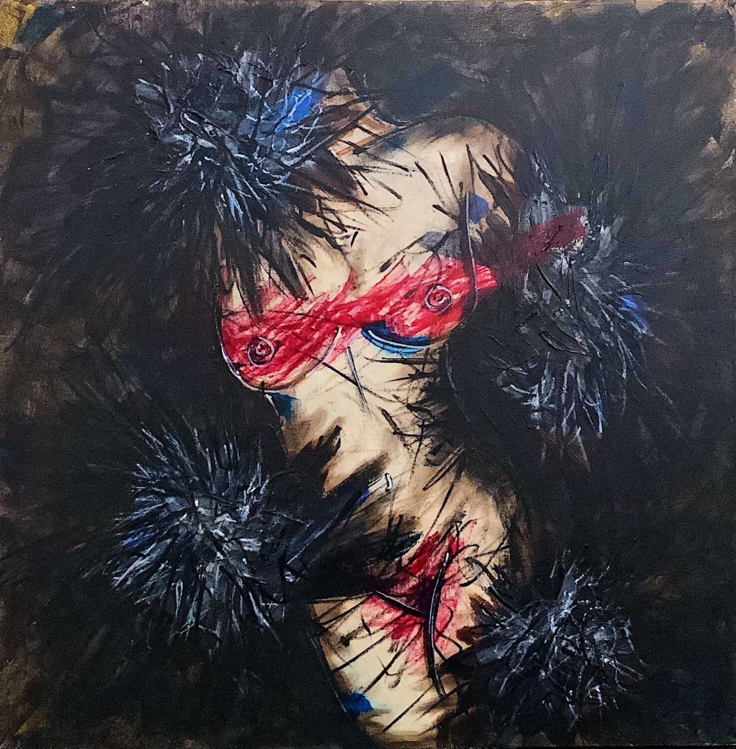 CHRISTINA BOZIOS, 5TH YEAR, UNWRITTEN SERIES; AMAZON WARRIOR, ACRYLIC, GEL MEDIUM, INK, ON CANVAS 20” X 20”, 2021