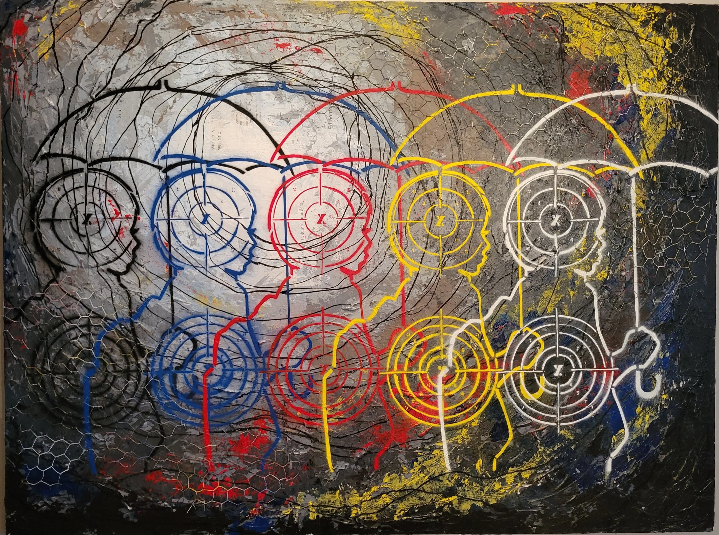 KATRIANNA PISANI, 5, IT'S MY CHOICE, MIXED MEDIUM ON WOOD PANEL, ACRYLIC, SPRAY PAINT, PAPER TRANSFER, CHICKEN WIRE, 36x48x2, 2021