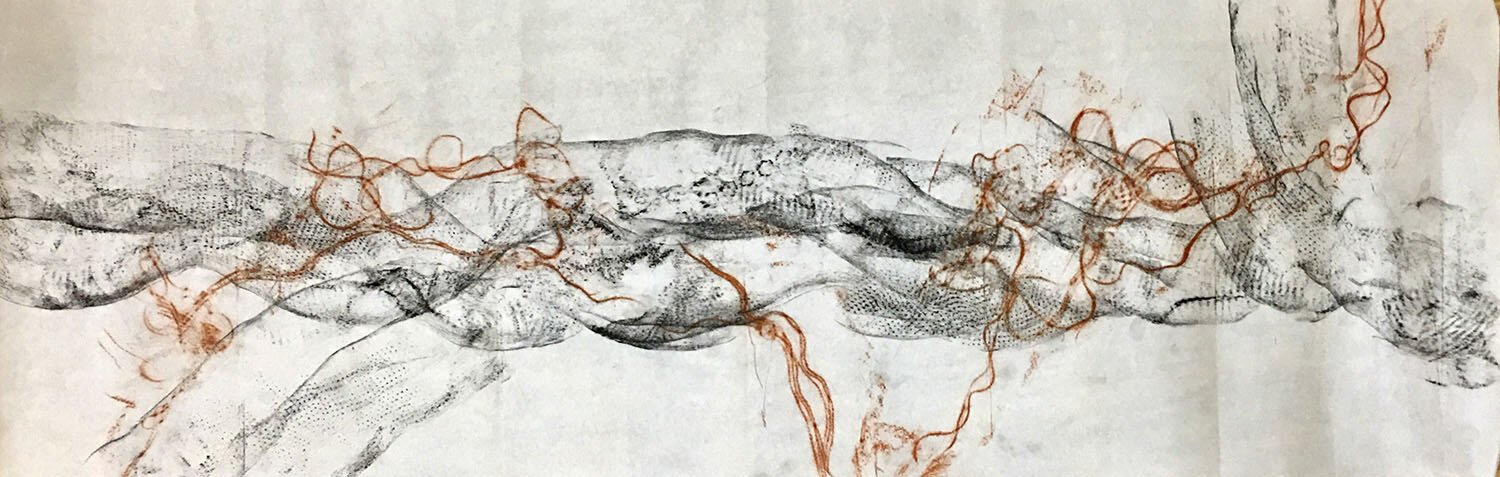 DENISA PATRON, 4TH YEAR, HERE, RUBBING ON PAPER, 15” X 30”, 2021 - My works focus on the idea of soulmates, what it means and feels like to be tied together by fate’s string.