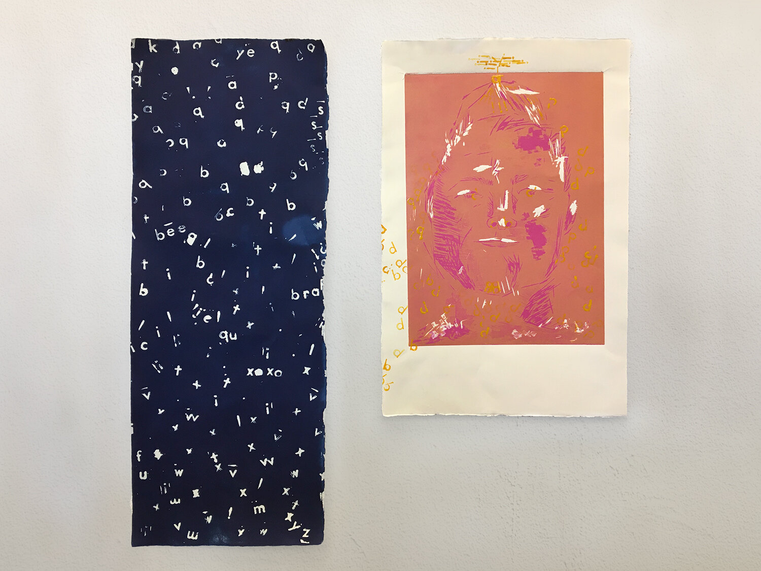CASSANDRA TREMBLAY, 4TH YEAR, NONSENSE, CYANOTYPE, WOODCUT AND STAMPING, 30” X 40”, 2021 - A diptych that combines different processes and stamping techniques to highlight the symbols we see on a daily basis and perhaps the detail in them we neglect