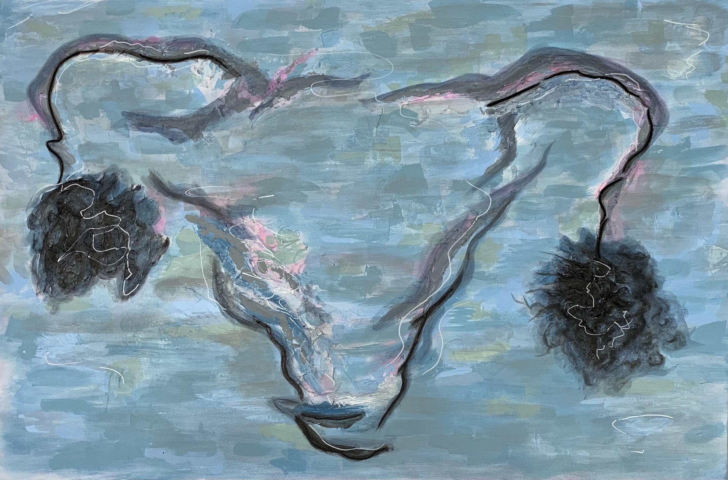 CHRISTINA BOZIOS, 5TH YEAR, UNWRITTEN SERIES; TARNISHED, ACRYLIC, GEL MEDIUM, INK, ON CANVAS 24” X 36”, 2020 - Explores the personal navigation of discovering a genetic cancer mutation BRCA1, that leads to breast, ovarian and prostate cancer. The ser
