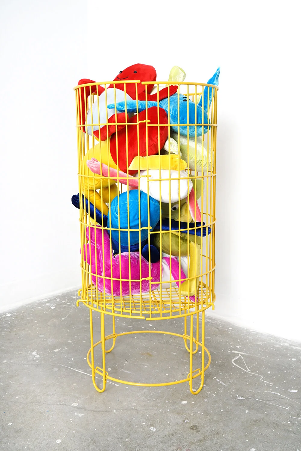 Untitled, pills stuffed toys in painted retail display, 2021