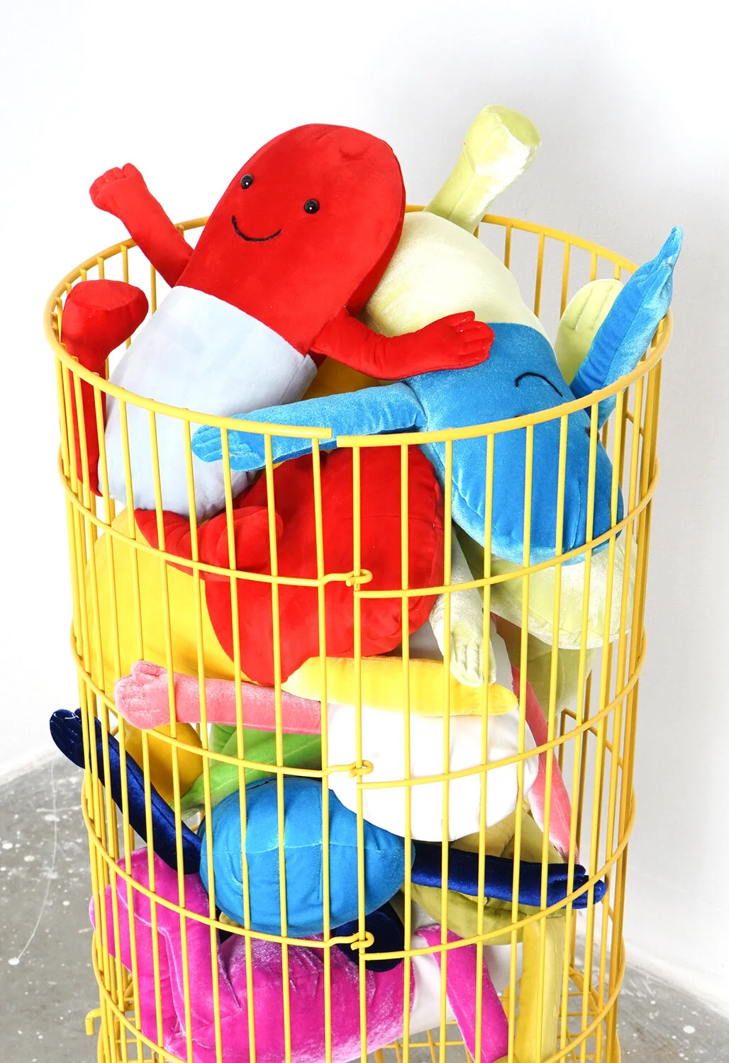 Detail Untitled, pills stuffed toys in painted retail display, 2021