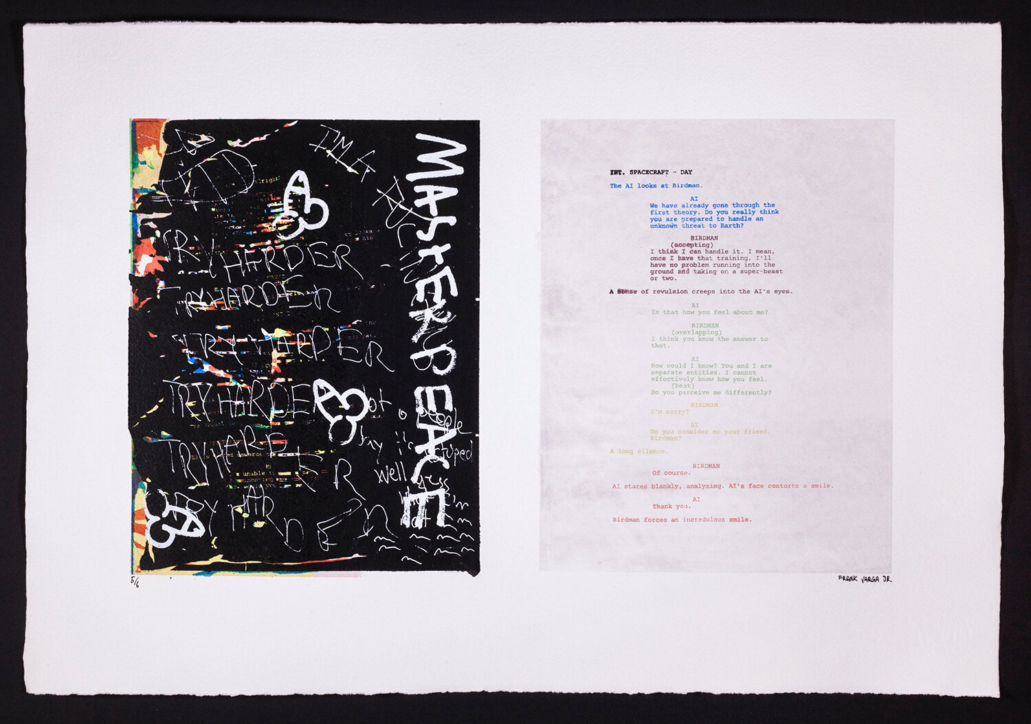 FRANK VARGA JR., 4TH YEAR, WHO’S MASTER? / WHOSE MASTER?, SCREENPRINT, 15” X 22”, 2020 - A diptych exploring our collective anxiety of technological obsolescence. The left pane simulates a human creative process, the right pane utilizes text generat