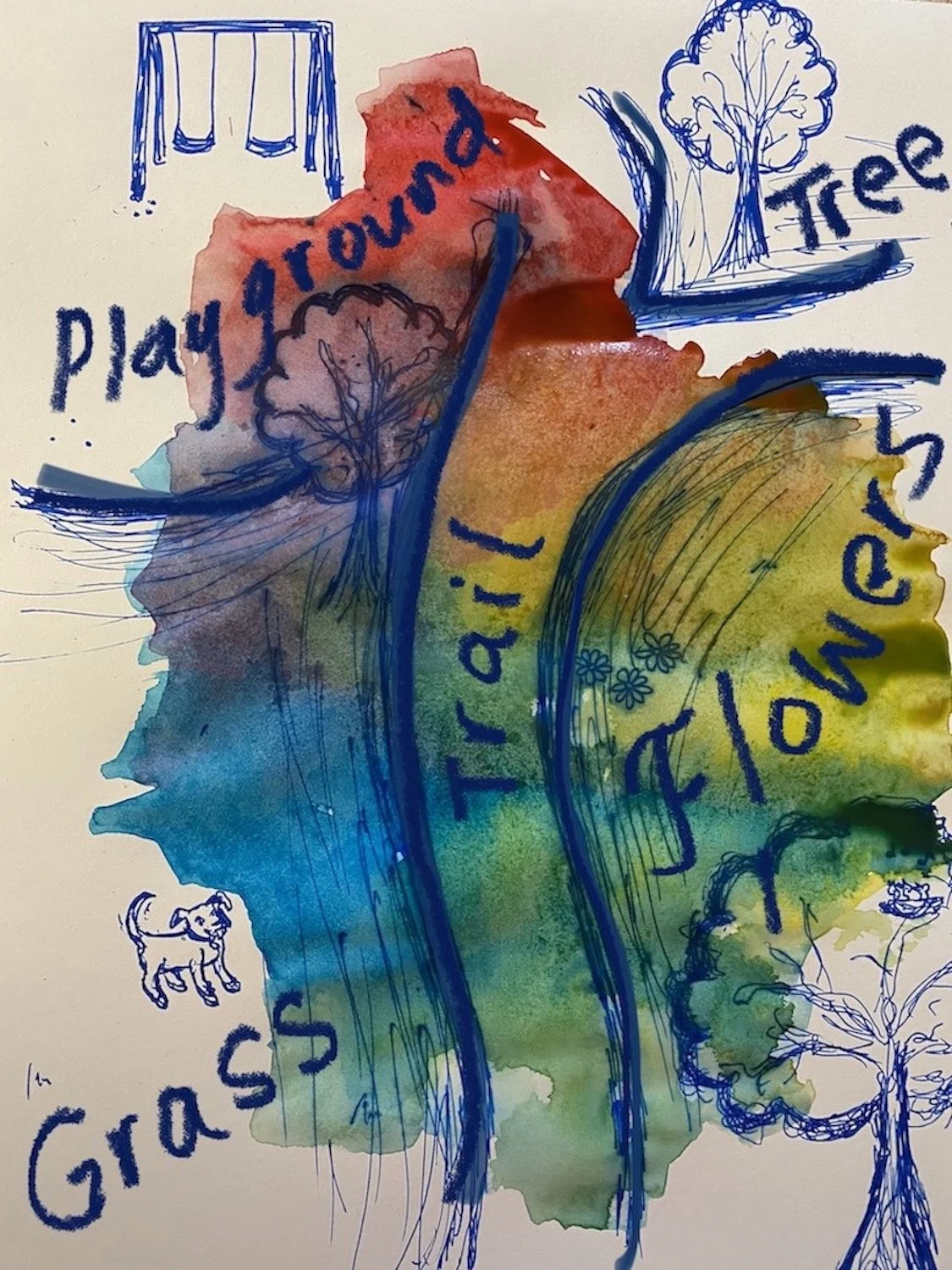 Lisa_Subryan: “COVID Walking Map”, May 2021, 9”x12”, watercolor, digital outline, pen  on heavyweight paper.
