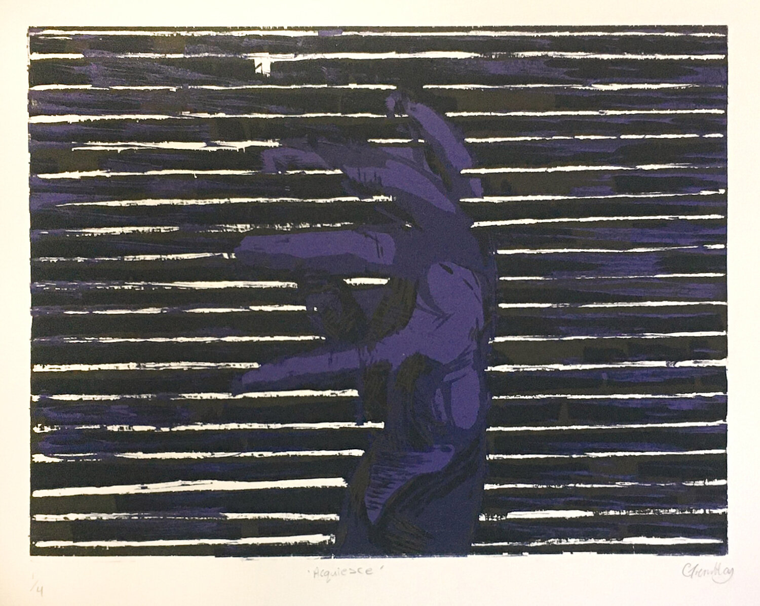 CASSANDRA TREMBLAY, 4TH YEAR, ACQUIESCE, WOODCUT PRINT, 22” X 30”, 2020 - Guttural hand motions and dark colours capture the conflict of the verb “to acquiesce.”