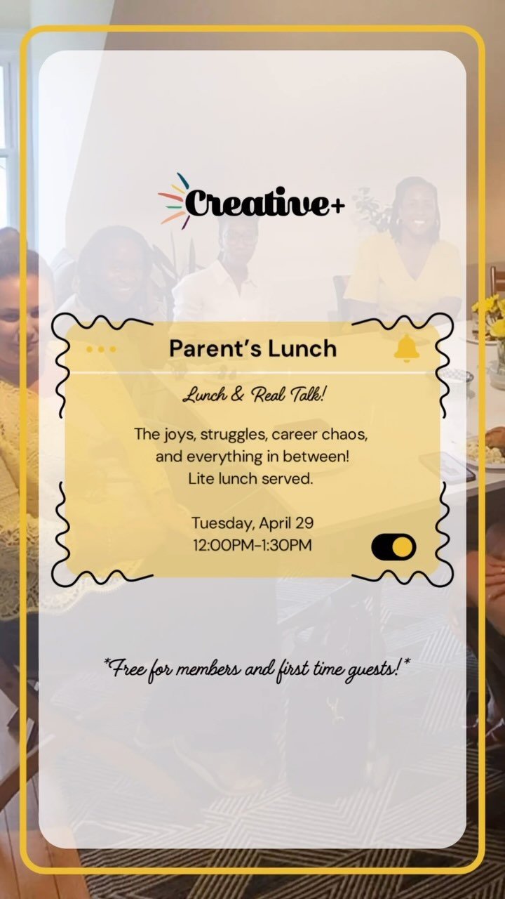 📣 Parent’s Lunch @ Creative+ 🥪
Hey parents! Join us for a casual midday meetup on Tuesday, April 29 from 12:00 PM – 1:30 PM at Creative+.
✨ Lite lunch provided
✨ Open to Creative+ Members
✨ Complimentary for first-time guests
📍101 P