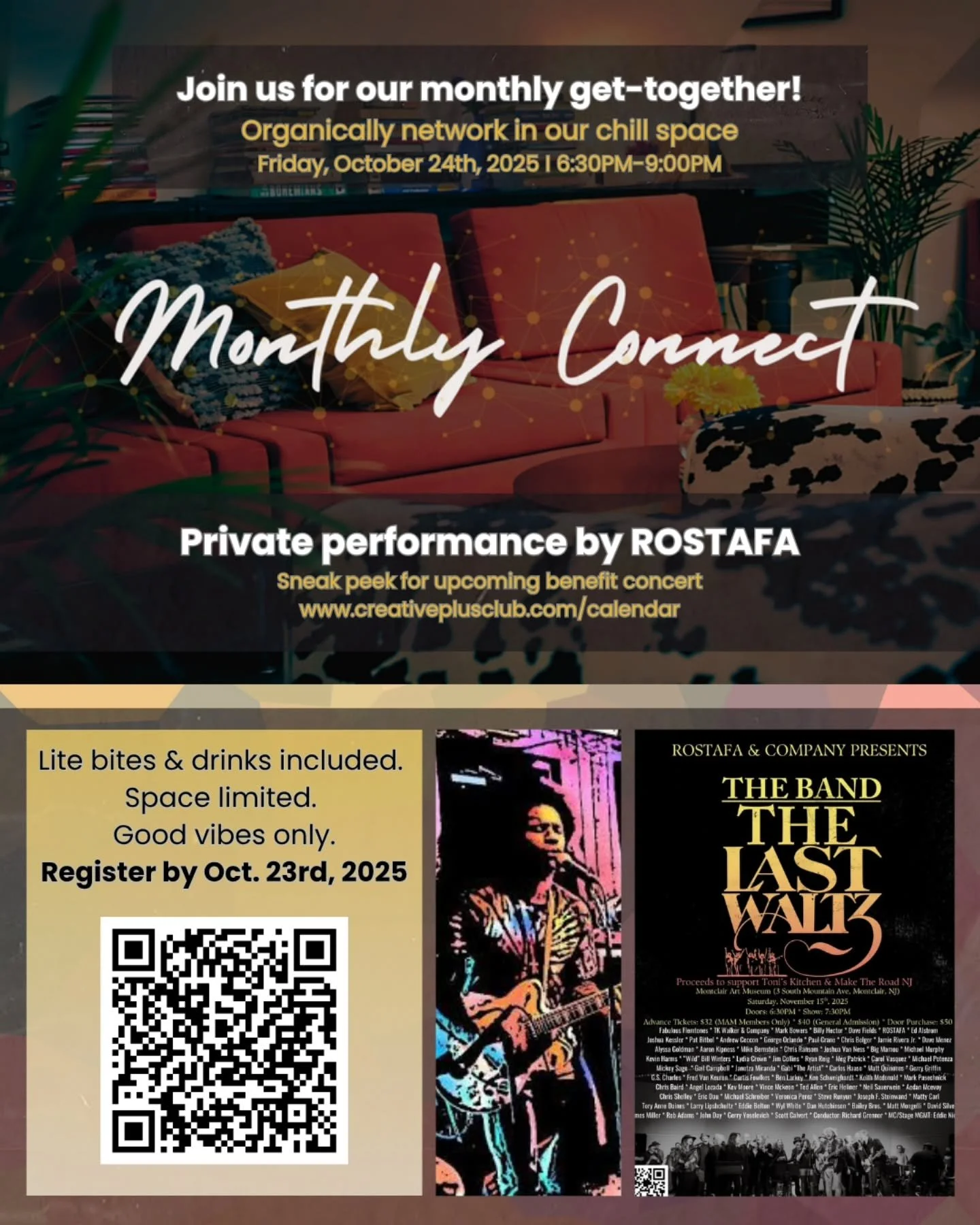 ✨You’re invited! Join us for our next Monthly Connect at Creative+ where we’ll unwind, connect, and enjoy some chill vibes. 
Enjoy lite bites, drinks, and an exclusive performance by @RO STAFa - plus a sneak peek of his upcoming benefit