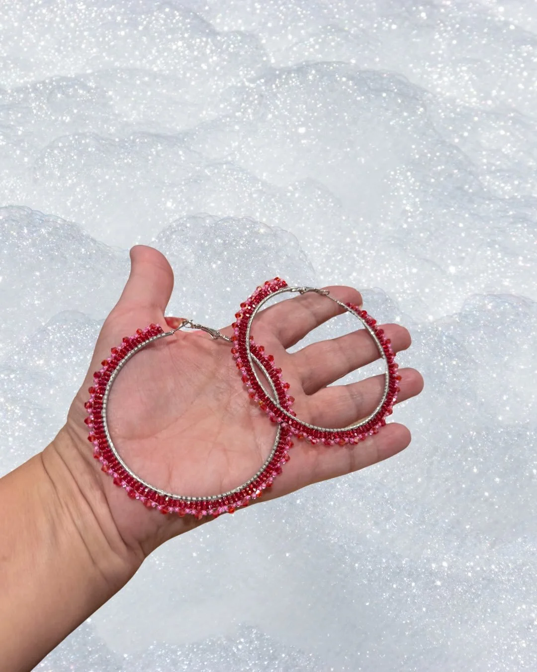 Love these red beaded hoops! Available February 1st!! #beadedhoopearrings #valentinesearrings