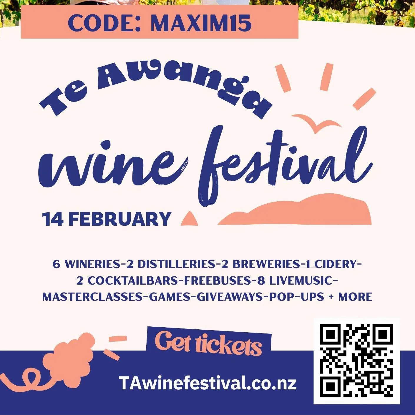 💘 Te Awanga Wine Festival &mdash; 15% off tickets! 

Use code MAXIM15 at checkout. 

Round up your crew&mdash;wine&rsquo;s flowing, the music&rsquo;s on, and we&rsquo;ll see you at the Maxim Wines stand 🍷🎶

Buses from Taradale, Napier, Havelock No