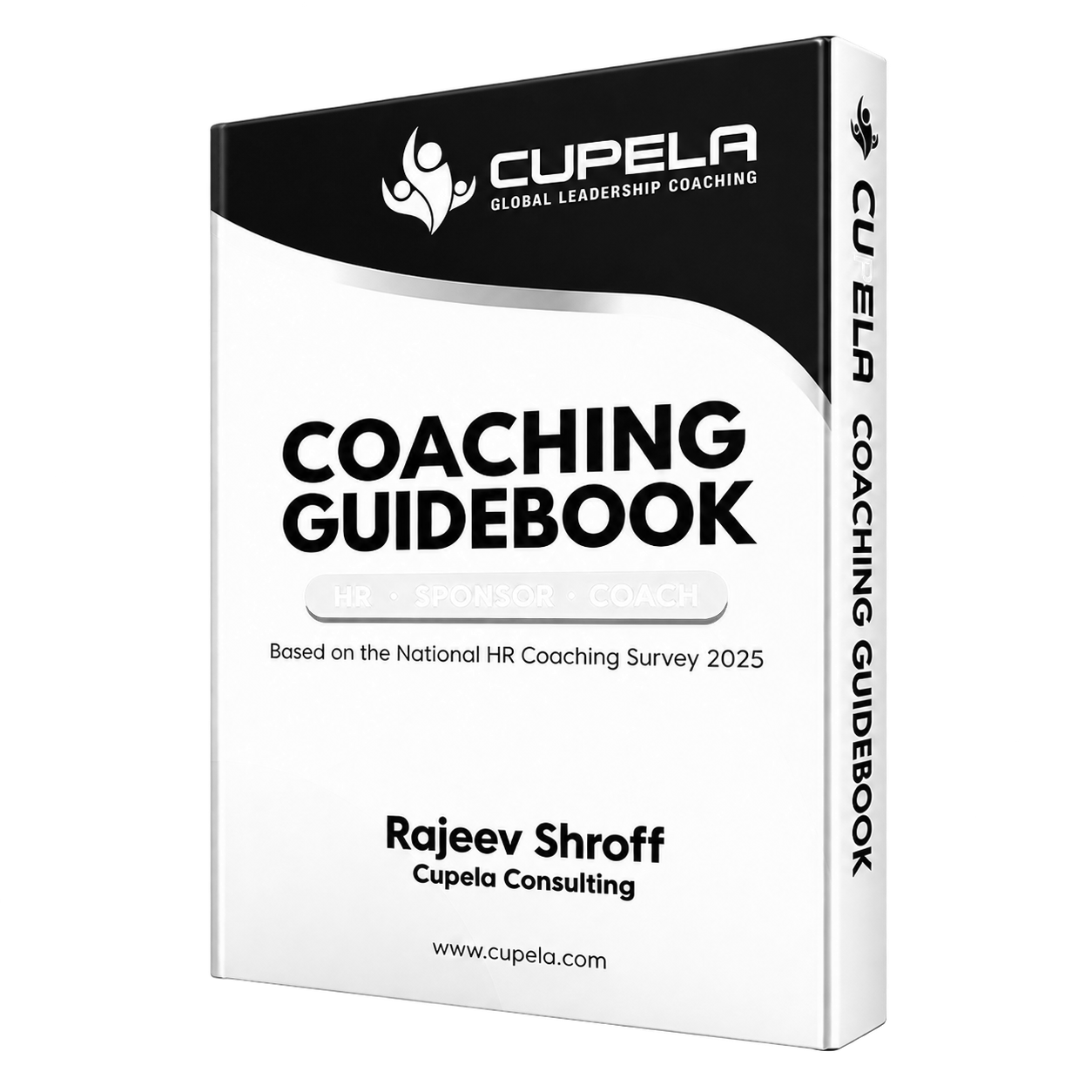 A book titled 'Coaching Guidebook' with the subtitle 'HR, Sponsor, Coach' by Rajeev Shroff, published by Cupela Consulting, featuring a black and white cover design.