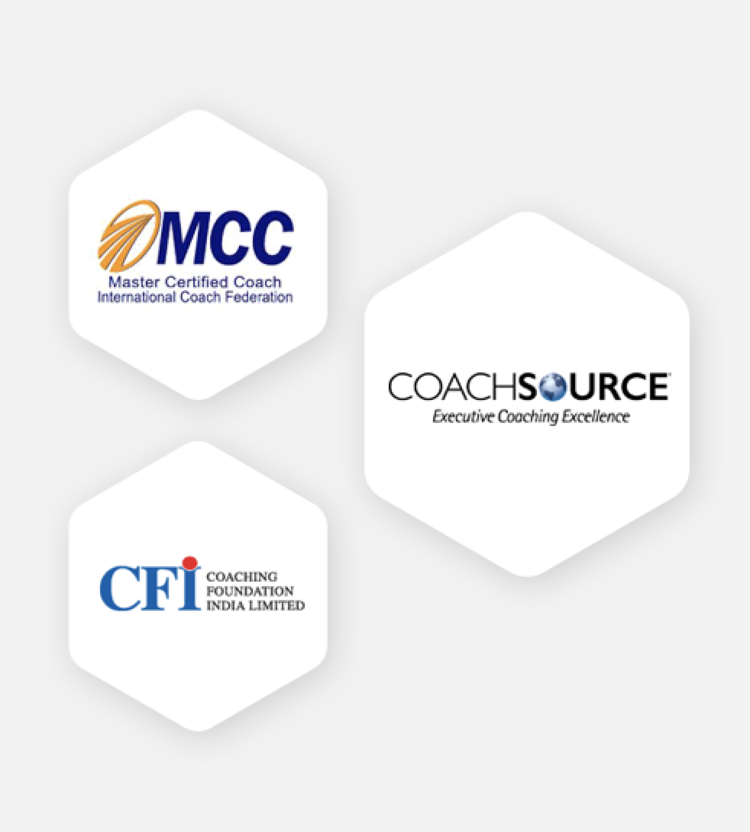 Logos of three coaching organizations: MCC (Master Certified Coach, International Coach Federation), CFI (Coaching Foundation India Limited), Coach Source with the tagline 'Executive Coaching Excellence'.