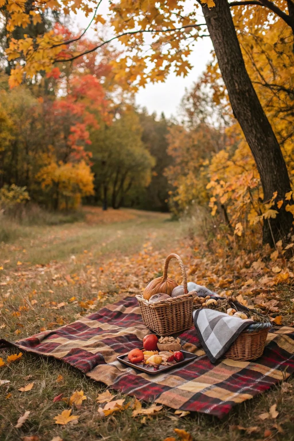 A picnic setup on a blanket with baskets of food, apples, and pumpkins in a fall forest setting.