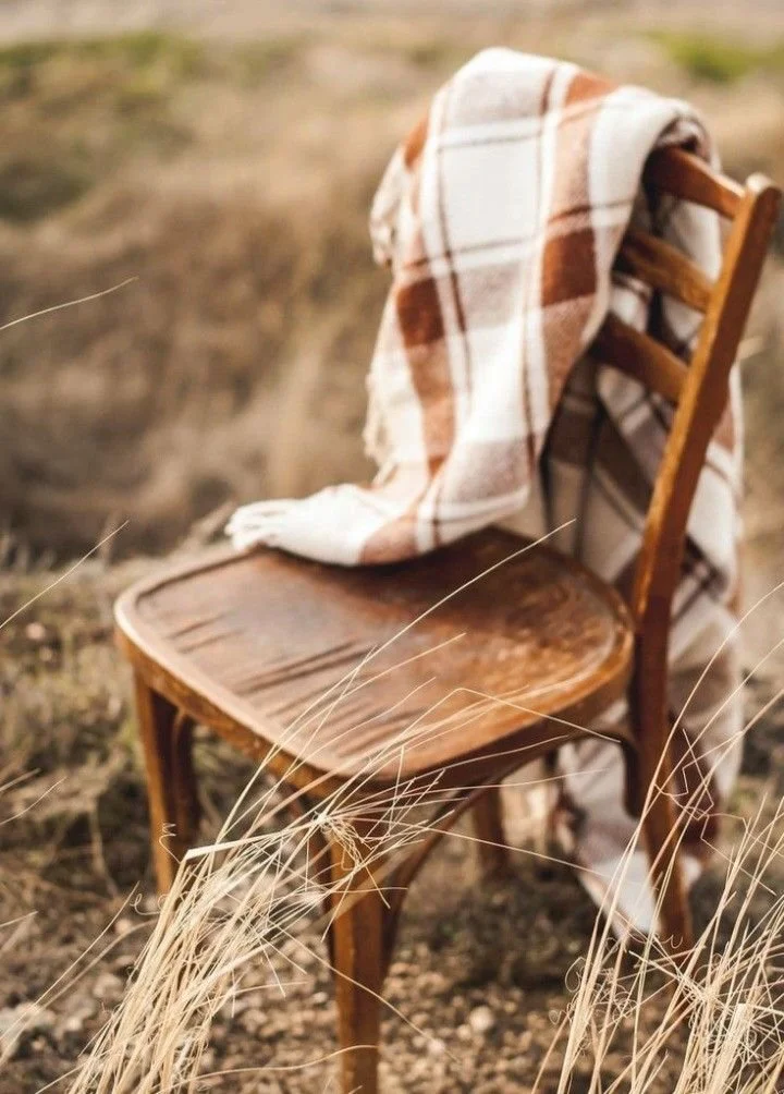 An empty wooden chair with a brown and white plaid blanket draped over its backrest, set outdoors on dry grass with a blurred natural background.
