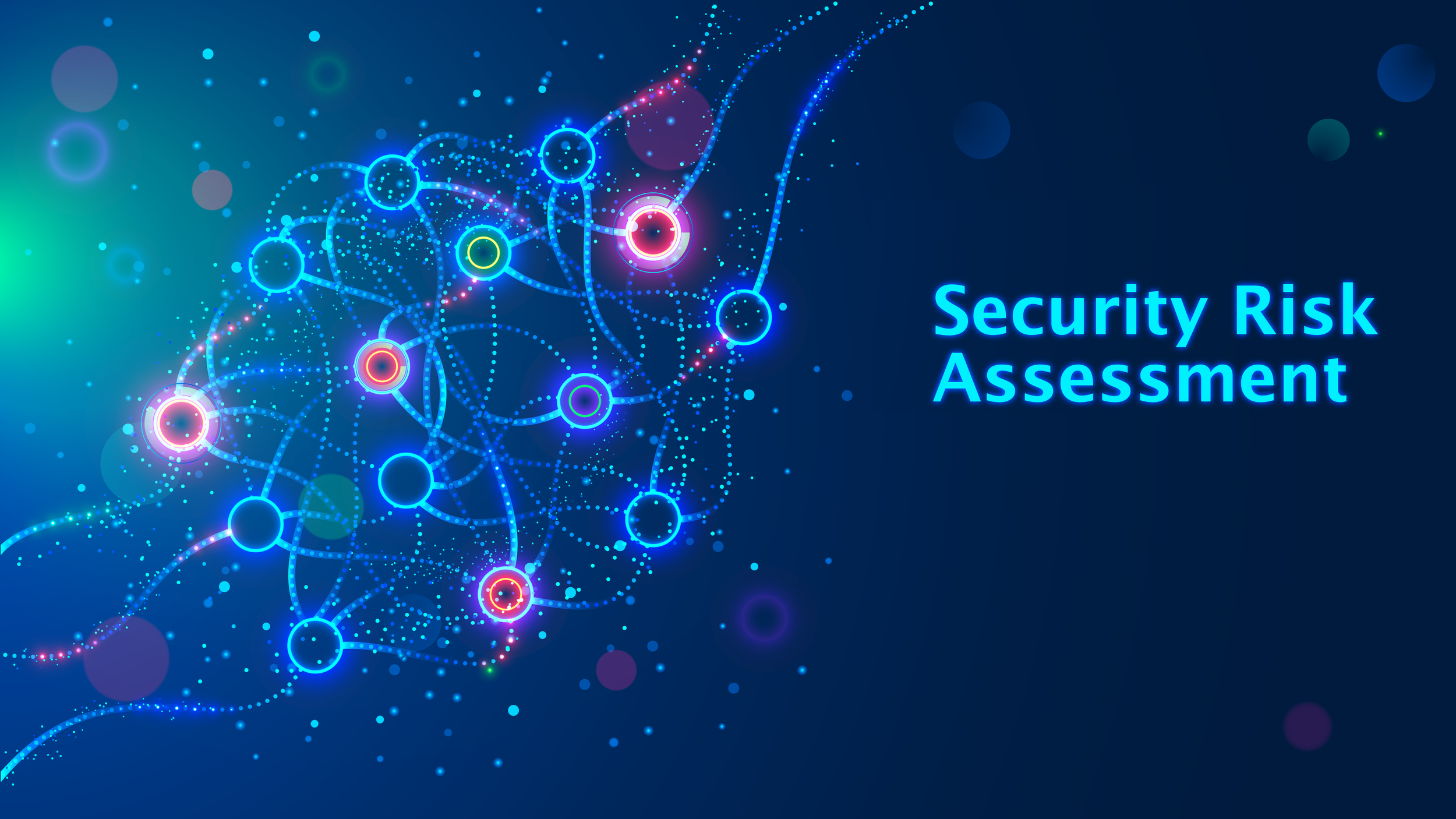 Glowing network diagram with "Security Risk Assessment" text on blue background.