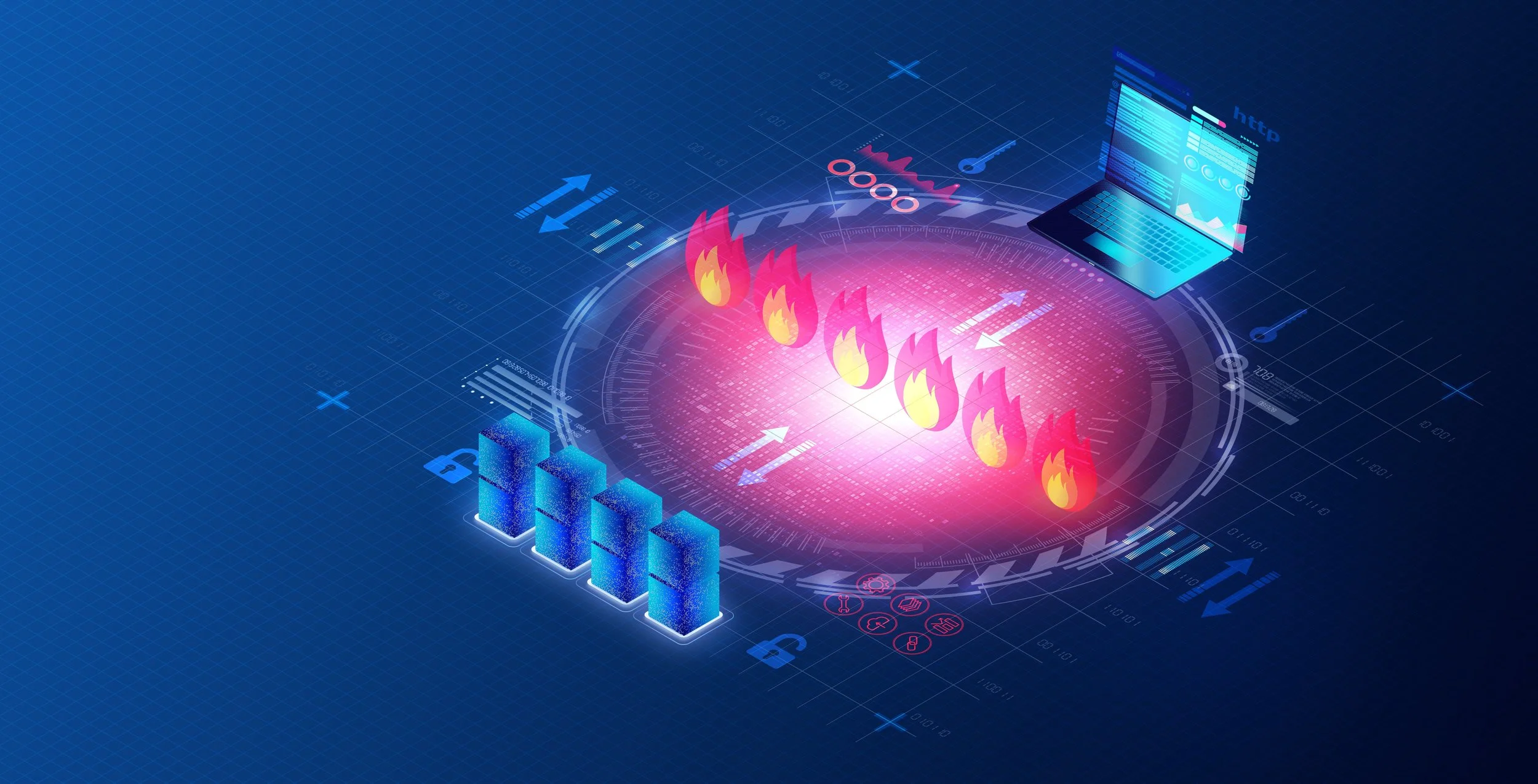 Illustration of a cybersecurity concept with a digital firewall, flames, a laptop, and network symbols on a blue background.