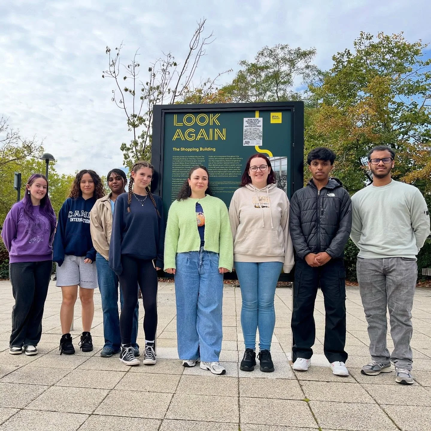 📣 Shout out to our new team who&rsquo;ll be curating content for @culturemiltonkeynes&rsquo; new city trail. 🙌

[ID: A photo of eight people grouped for a photo. They stand in front of a large sign reading &lsquo;Look Again&rsquo;.]