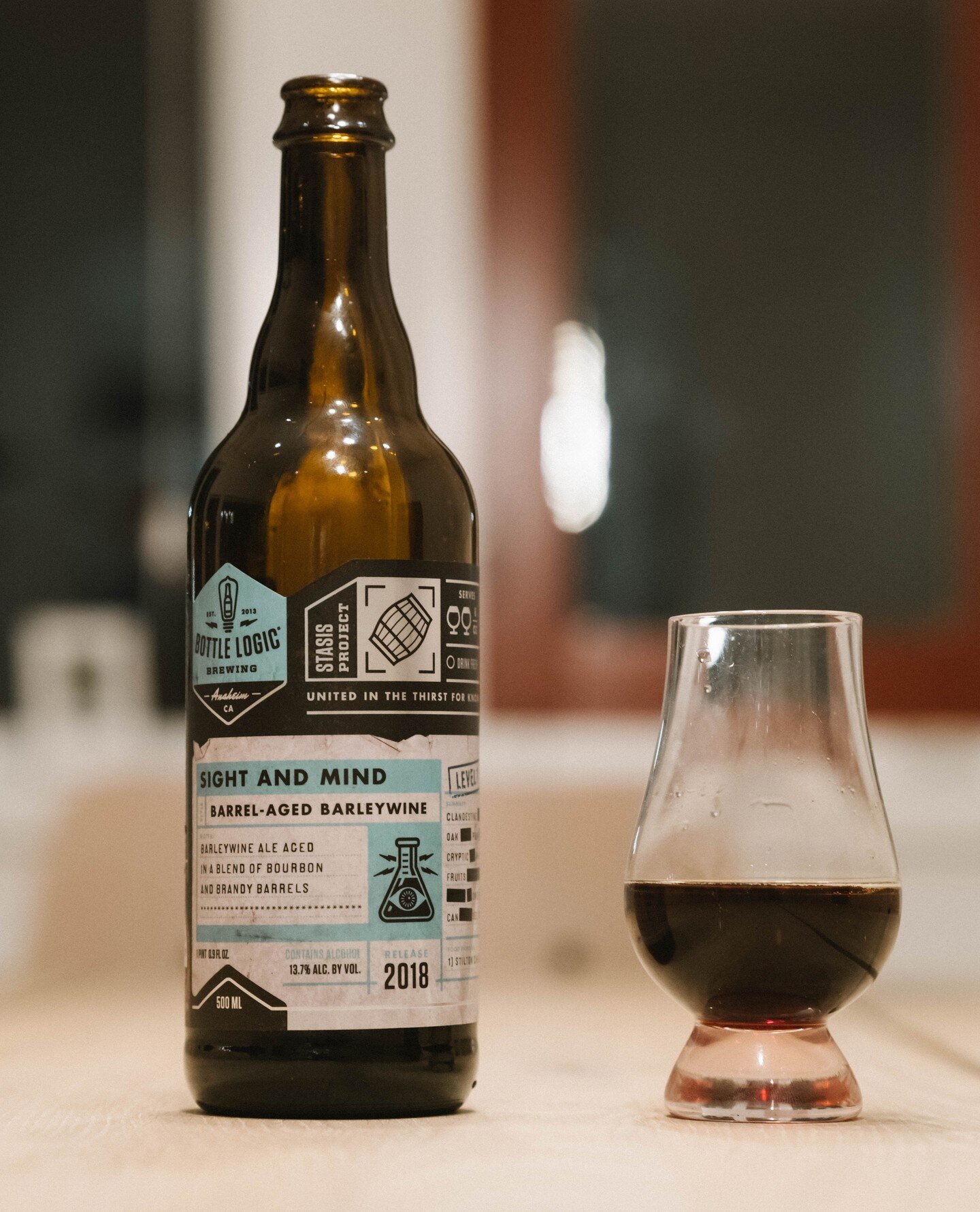 Bottle Logic - Sight and Mind 2018. 13.7% ABV barleywine.⁠
⁠
&quot;Clandestine dimensions of spirited oak from a blend of bourbon and brandy barrels pour forth cryptic whispers of dark fruits and black treacle, balancing hushed tones of toffee and go