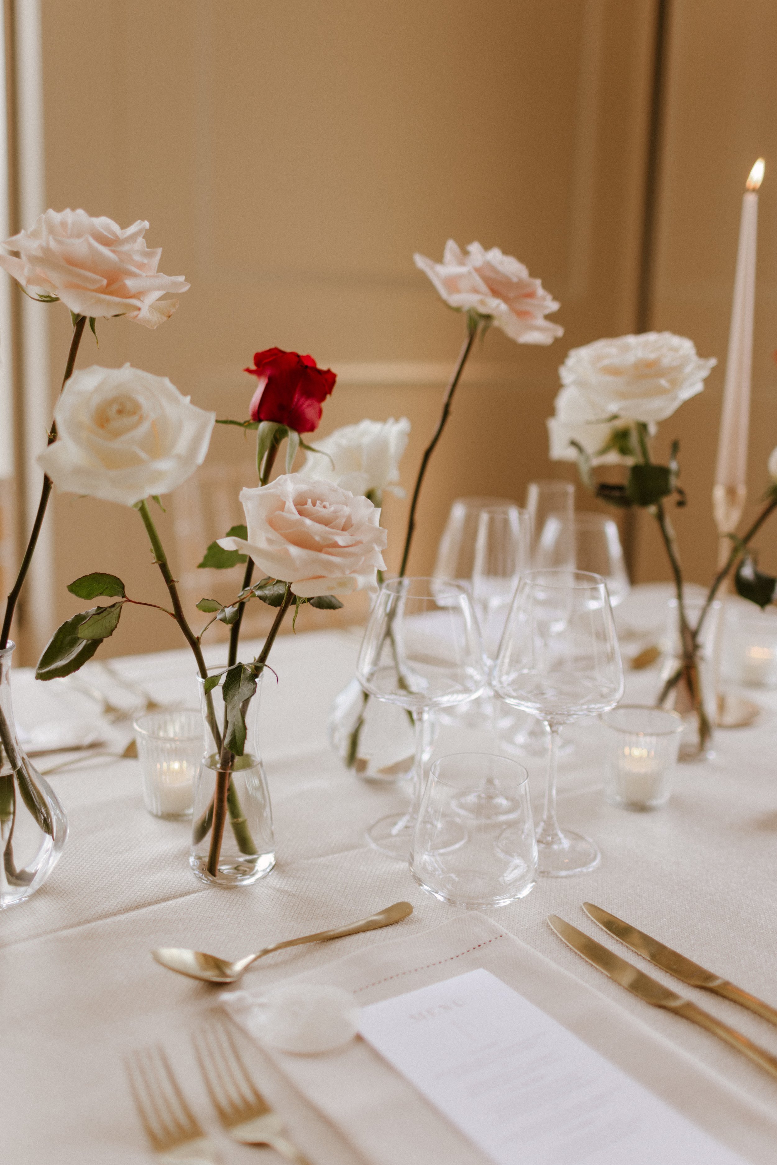Modern contemporary wedding table decor long stemmed roses bud vases .jpg
