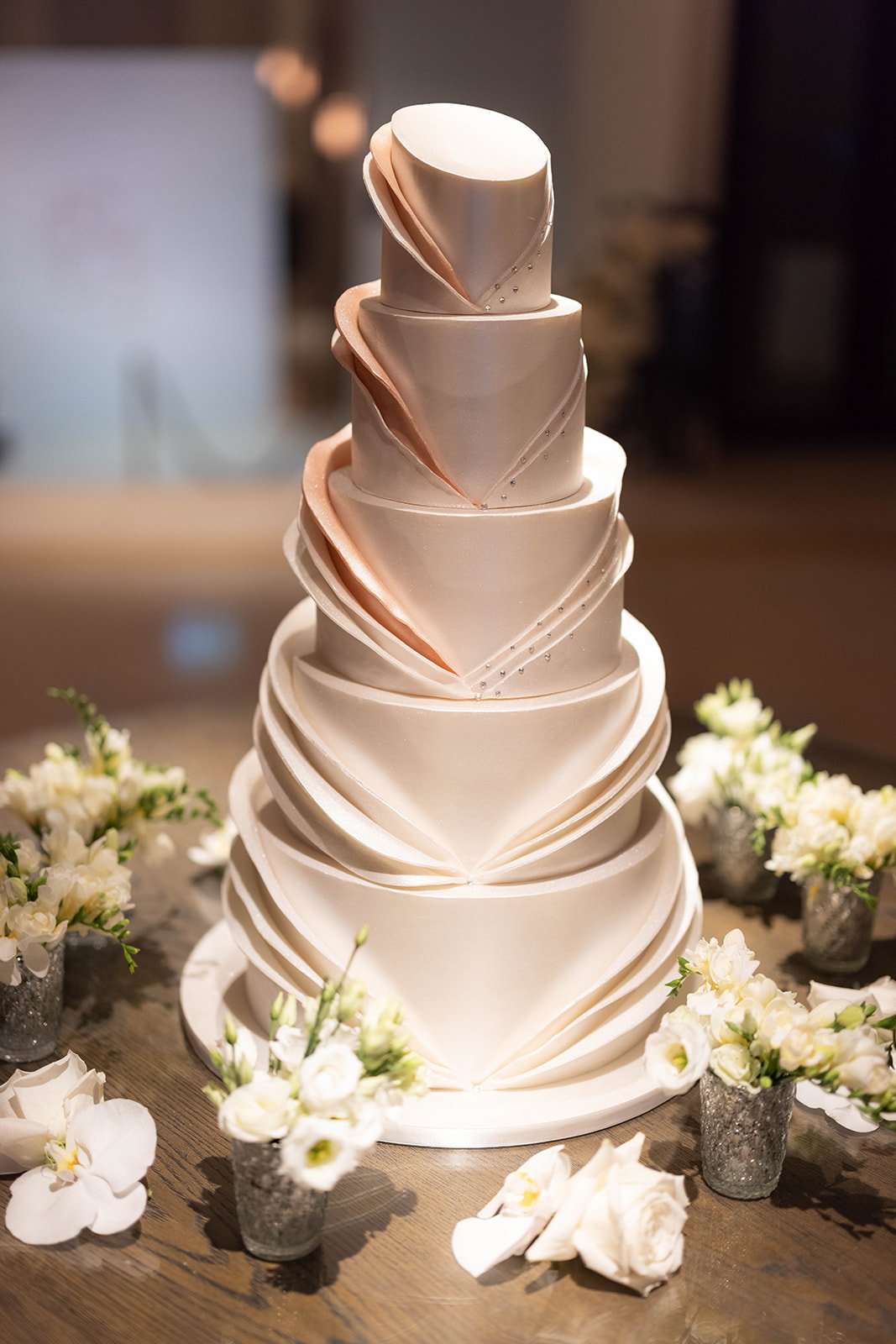 Modern ruffle wedding cake with crystals and diamante.jpg