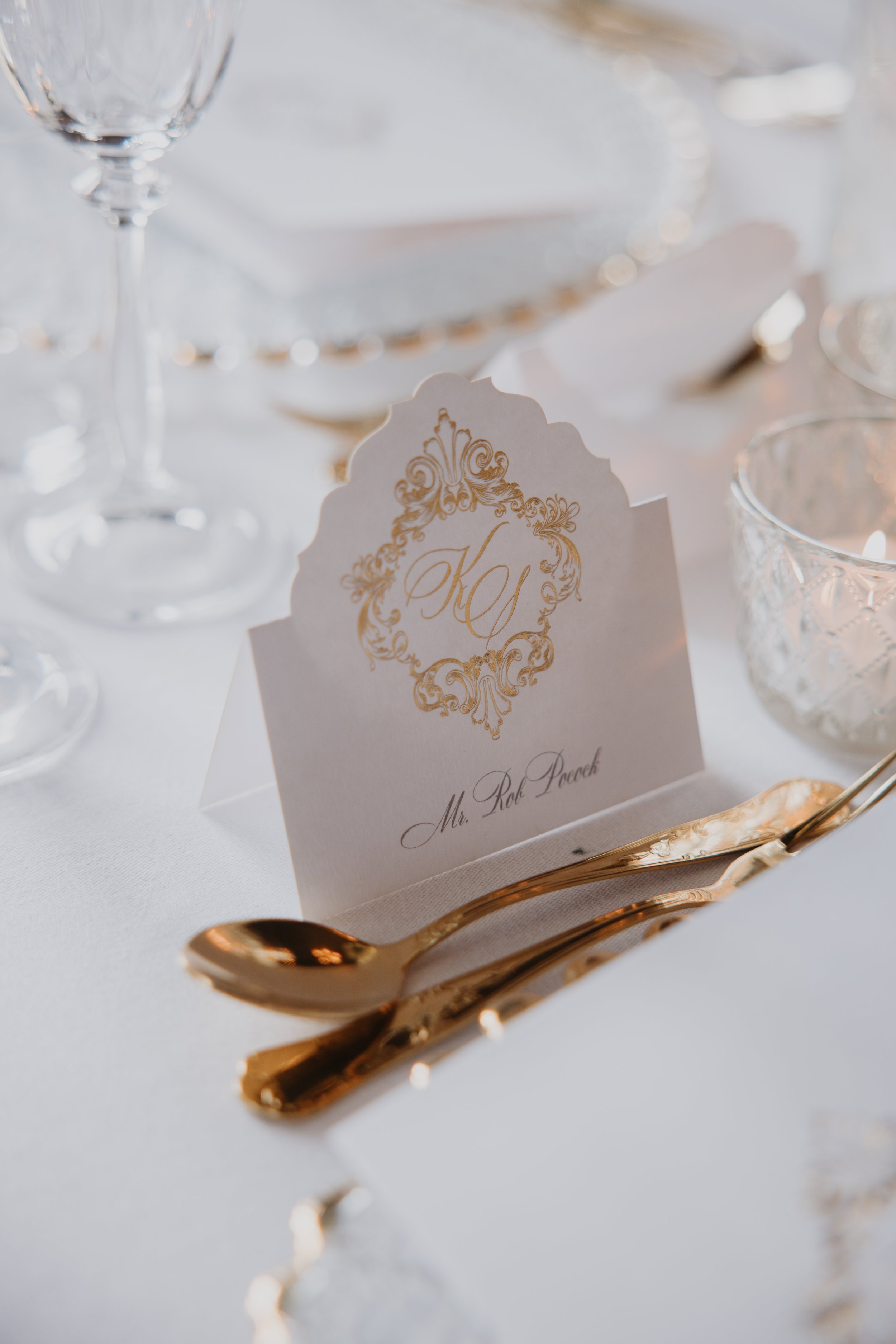 Gold foil place names white and gold wedding Cliveden House.jpg