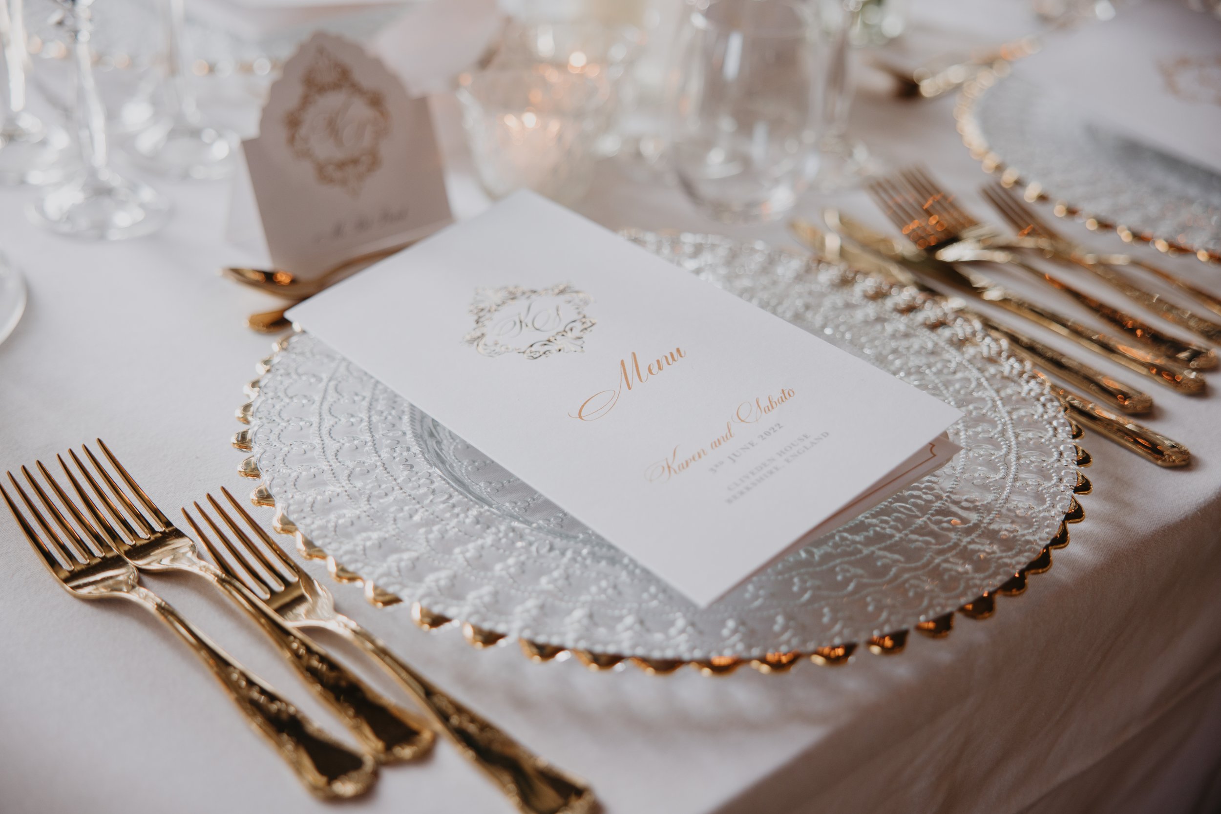 Gold rim charger plates 2 white and gold wedding Cliveden House.jpg