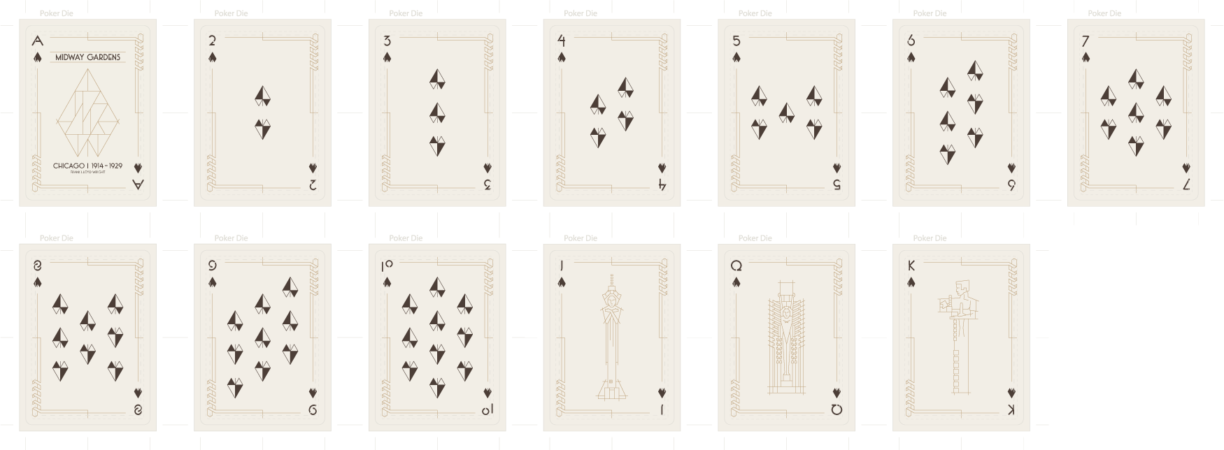 Frank Lloyd Wright Midway Gardens Playing Cards all spades in dielines.
