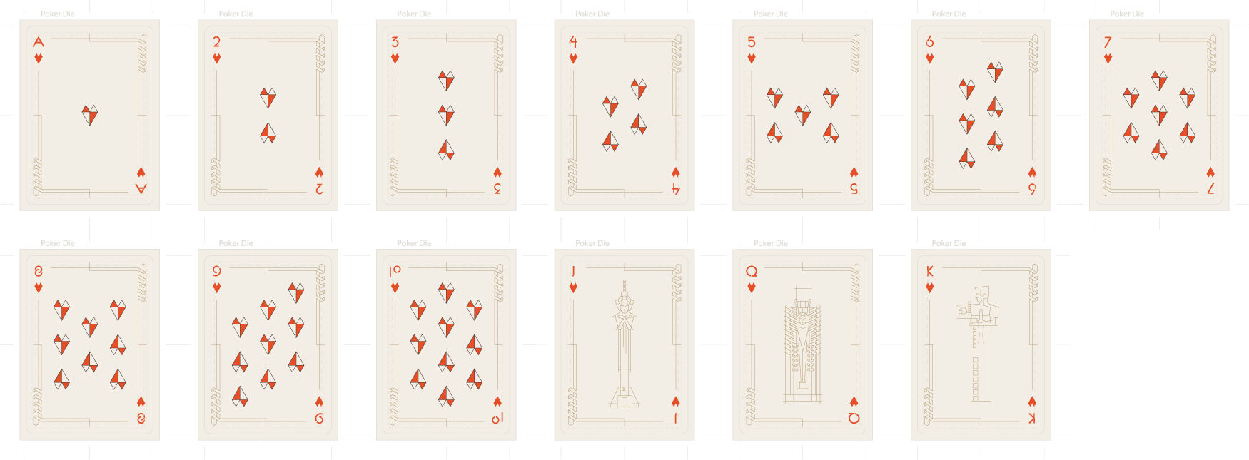 Frank Lloyd Wright Midway Gardens Playing Cards all hearts in dielines.