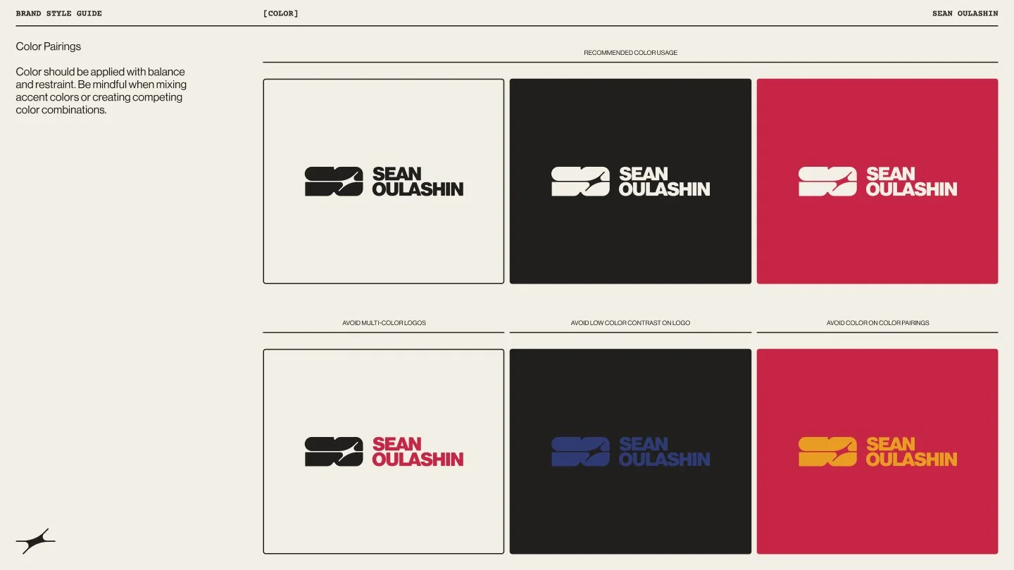 Brand style guide color pairings page.
