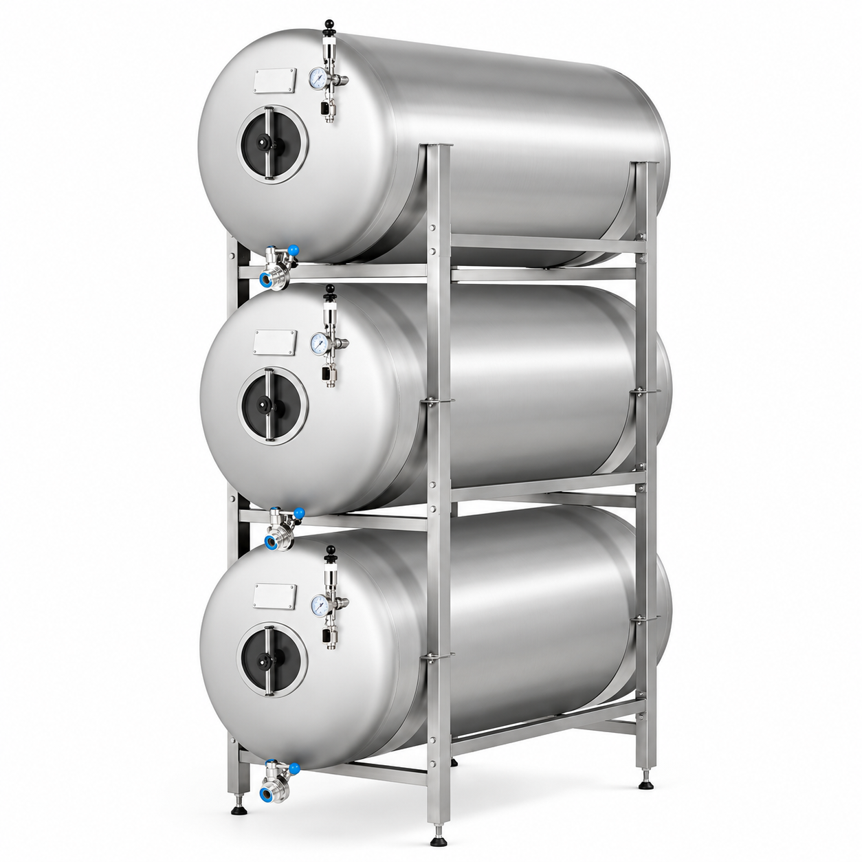Tres tanques cerveceros de acero inoxidable.png