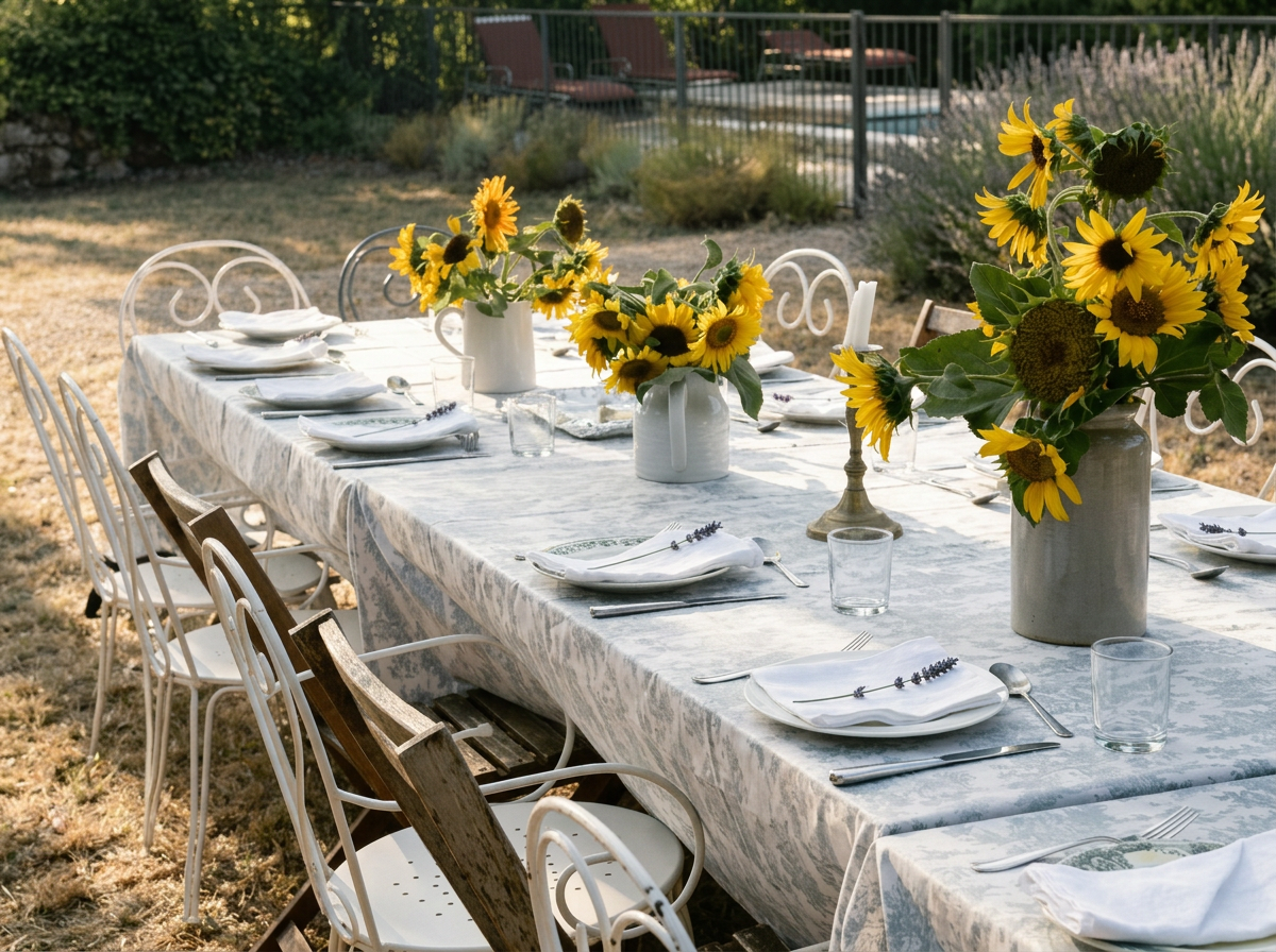 An outdoor dining table set with white tablecloth, decorated with sunflowers in white vases, with place settings of plates, napkins, silverware, and glasses, on a grassy area with trees and a fence in the background.