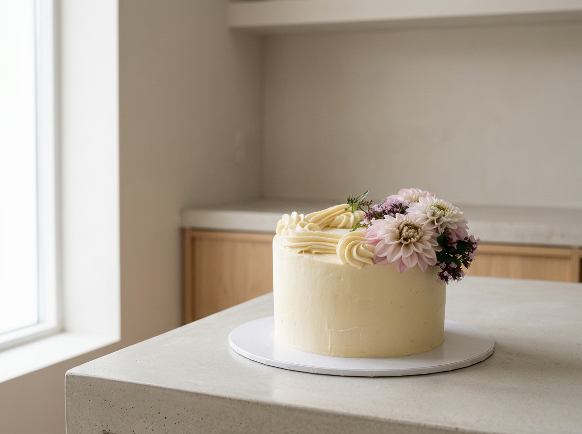 A round white cake with cream-colored frosting and floral decorations, placed on a white surface and in front of a window.