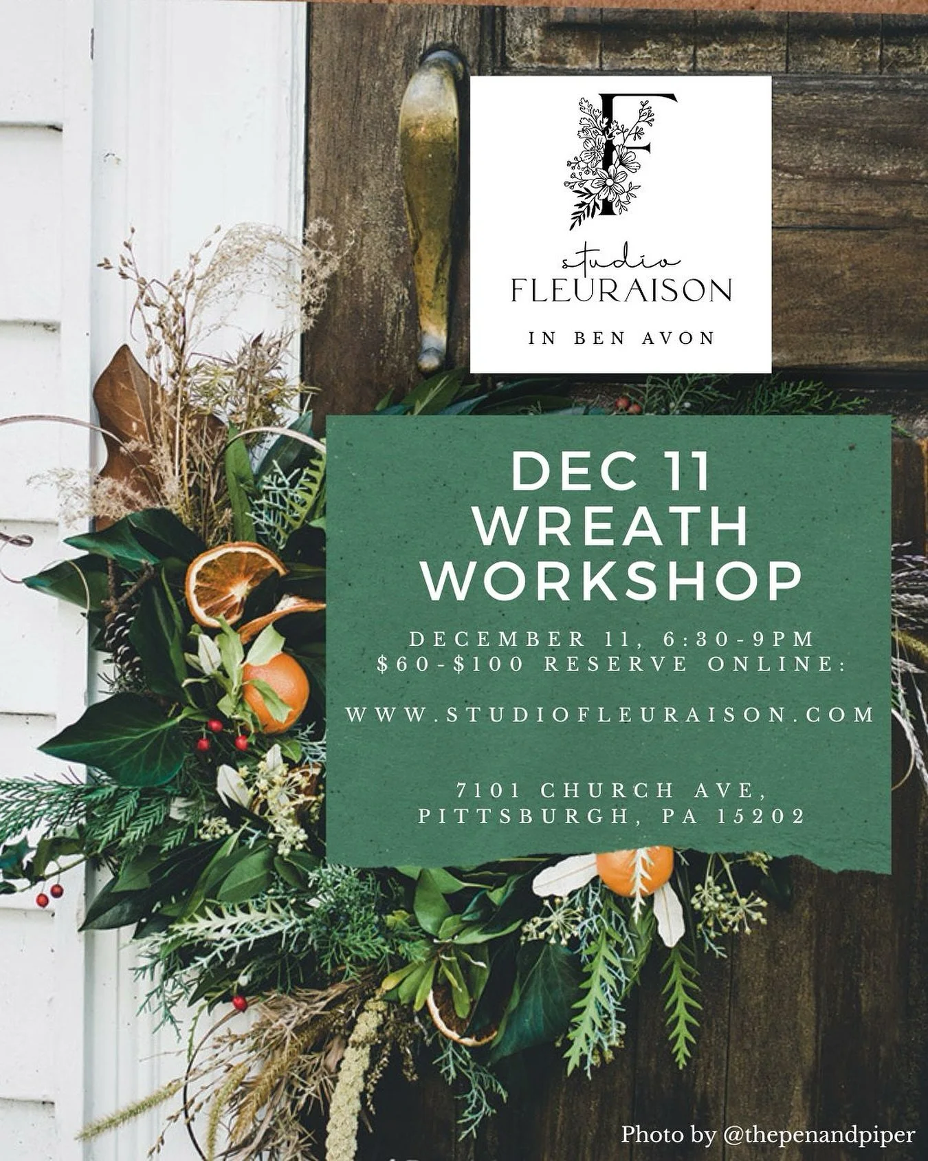 Wreath workshop # 2 : Thursday December 11 in Ben Avon for my Northside pals! 

Come on out and make your own holiday wreath with premium supplies and my expert guidance. Let&rsquo;s deck the halls together! Link in bio of course:) 

#deckthehalls #p