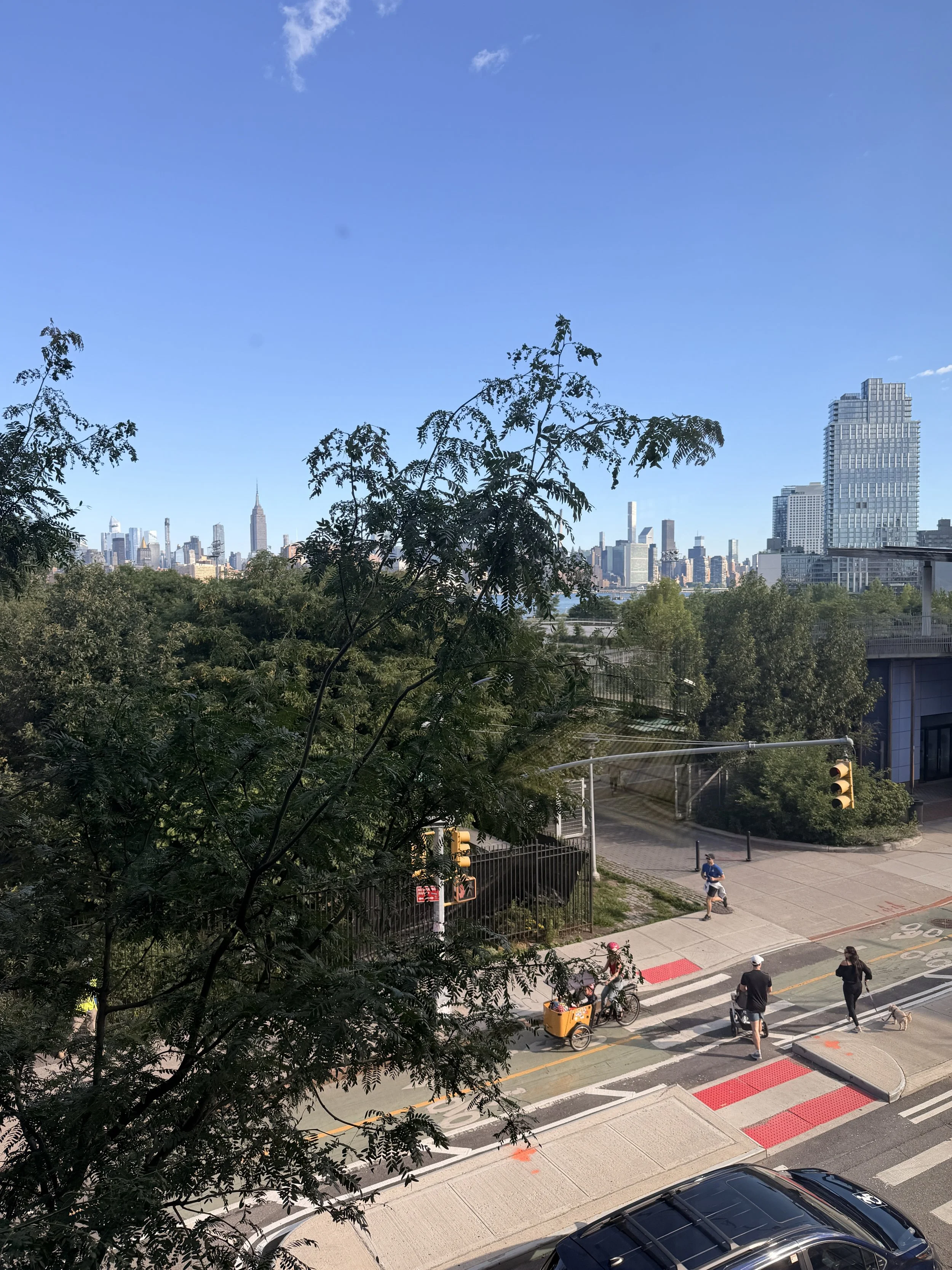 A city skyline with tall buildings in the background, trees in the foreground, and a street with pedestrians and cyclists in the foreground.