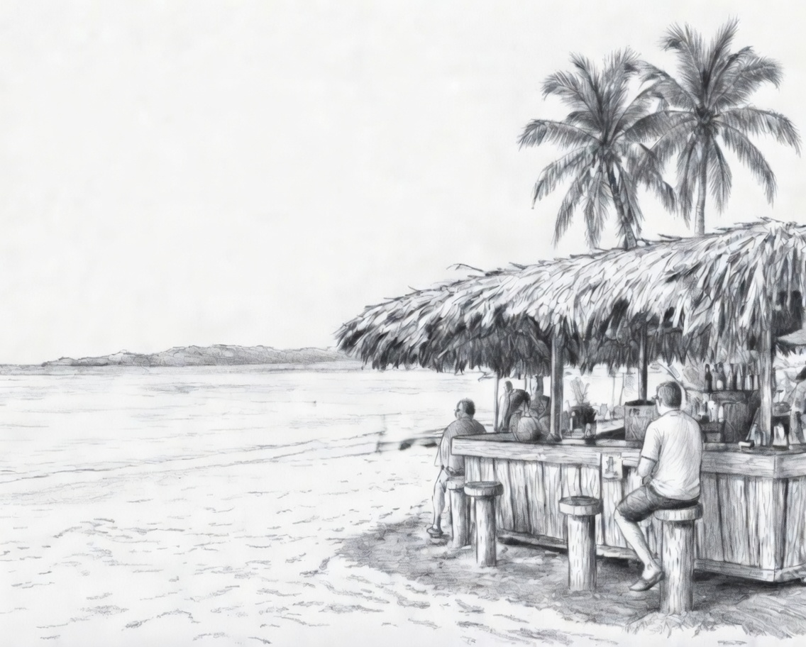 a sketch of a beach bar under palms and a sea view