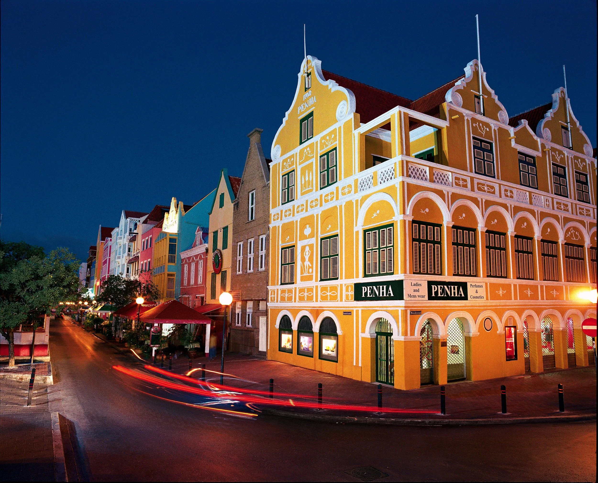 night photo of traditional Dutch Caribbean architecture in Curacao 